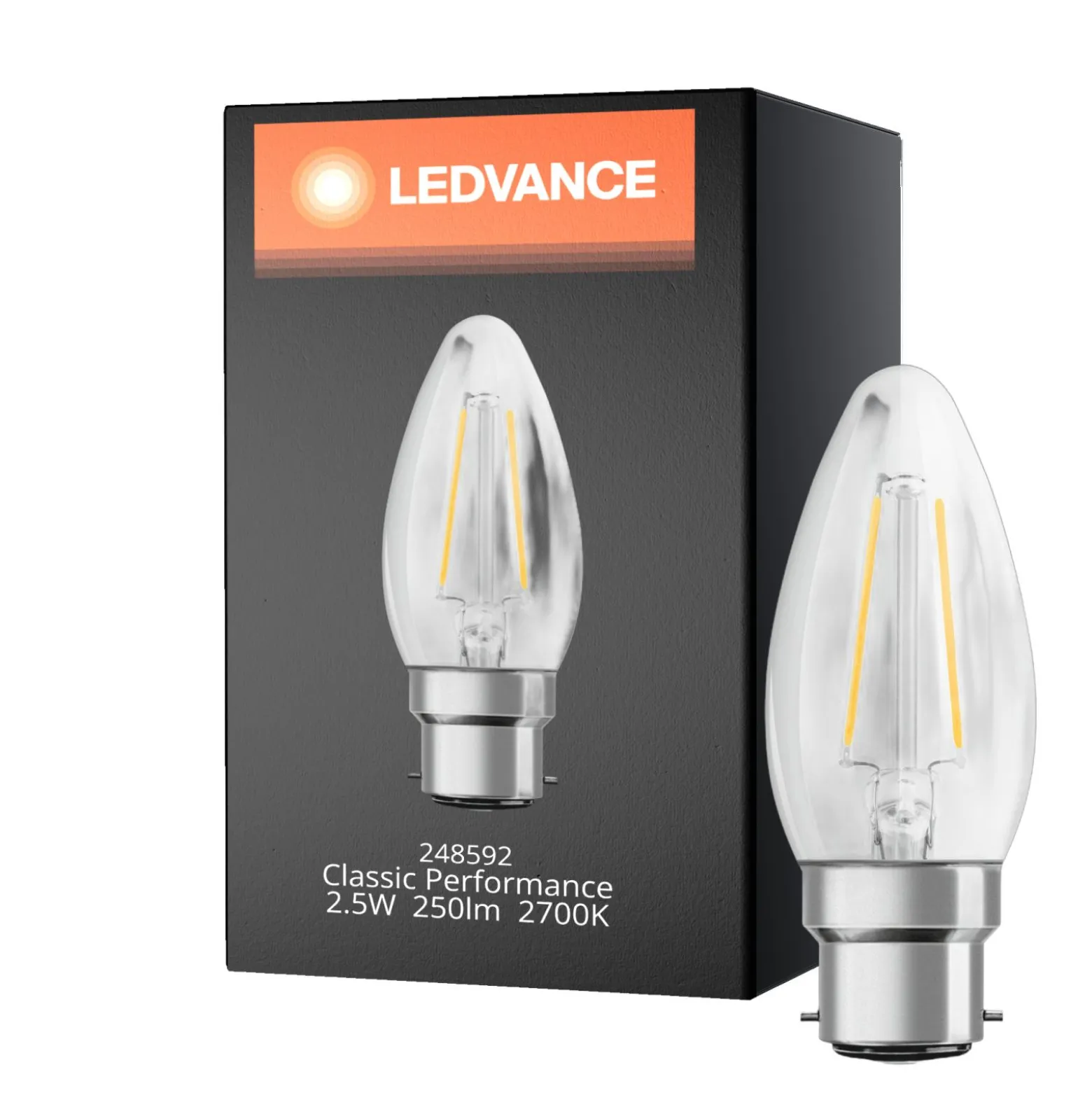 Ledvance Classic Performance LED Lampa B22d Kronljus Filament Klar 2.5W 250lm - 827 Extra Varm Vit | Ersättare 25W