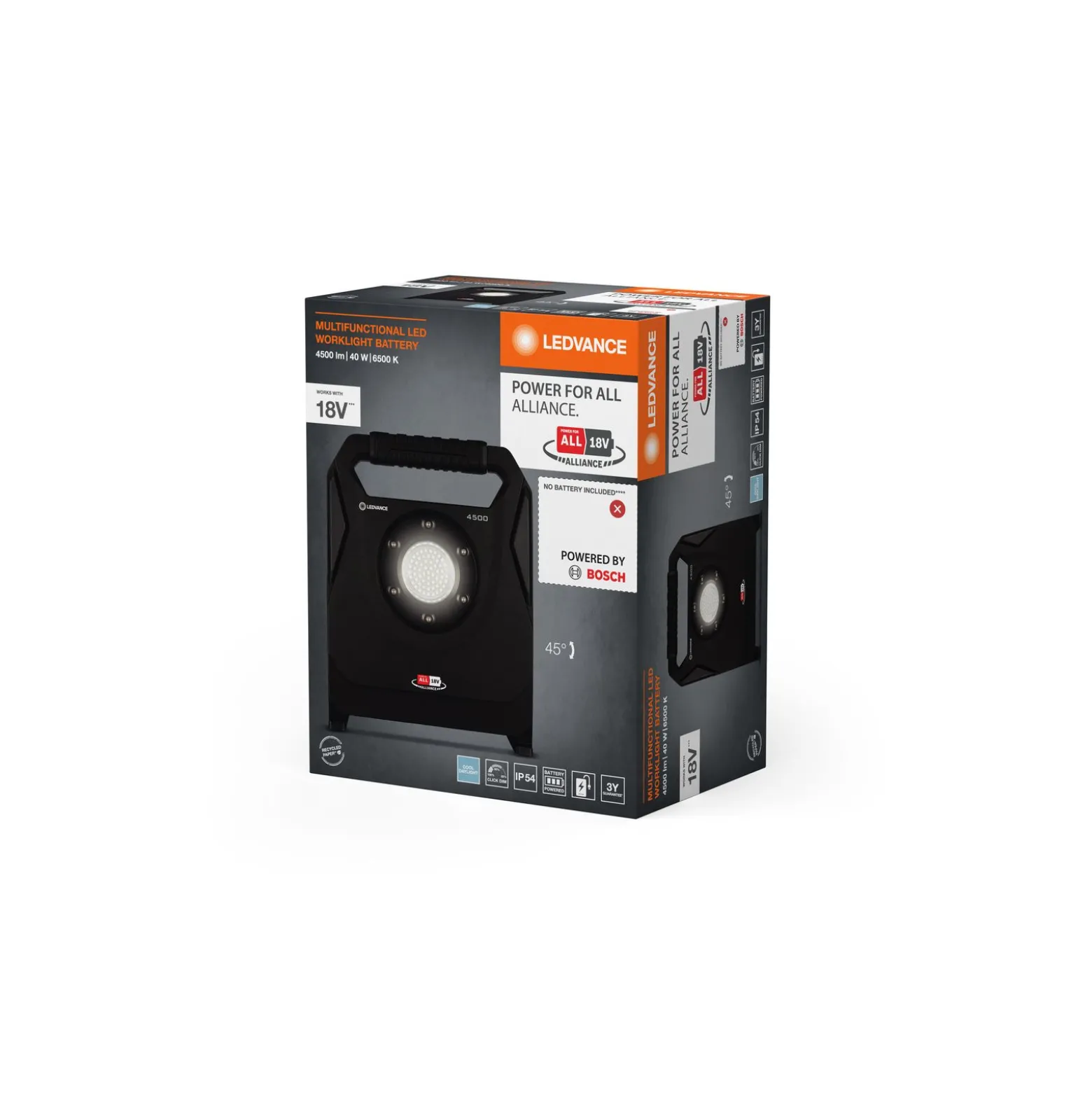Ledvance LED Abetsbelysning Value Svart 40W 4500lm 100D - 840 Kallvit | IP54 - Batteri - Symmetrisk