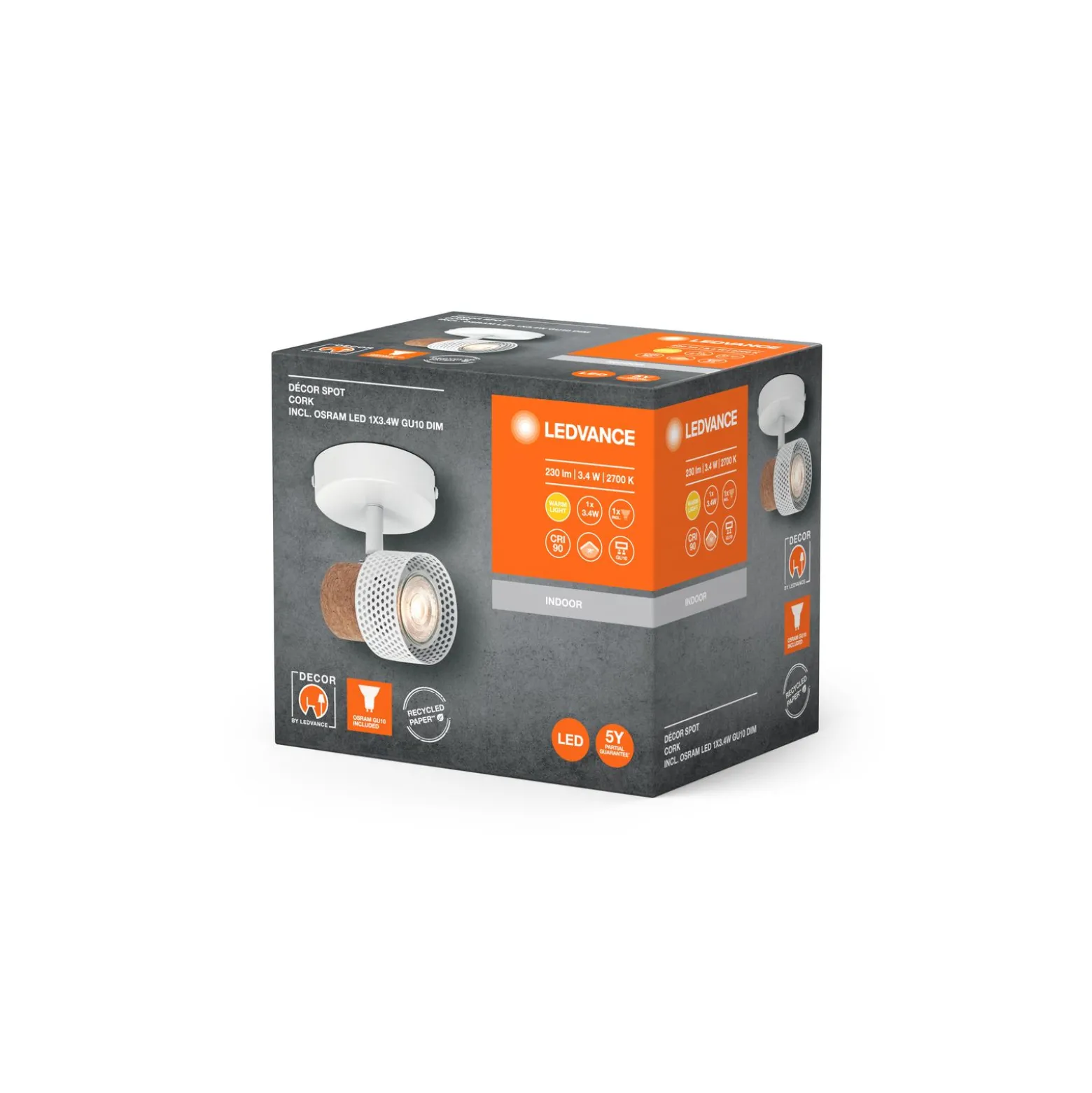 Ledvance LED Decor Spot Cork Stål Vit 3W 230lm - 827 Extra Varm Vit | Dimbar