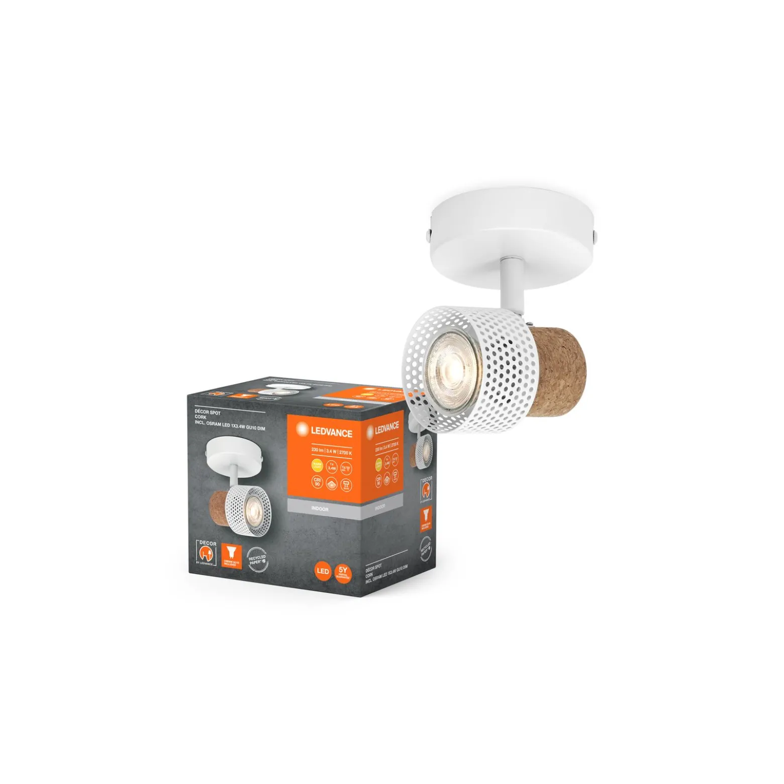 Ledvance LED Decor Spot Cork Stål Vit 3W 230lm - 827 Extra Varm Vit | Dimbar