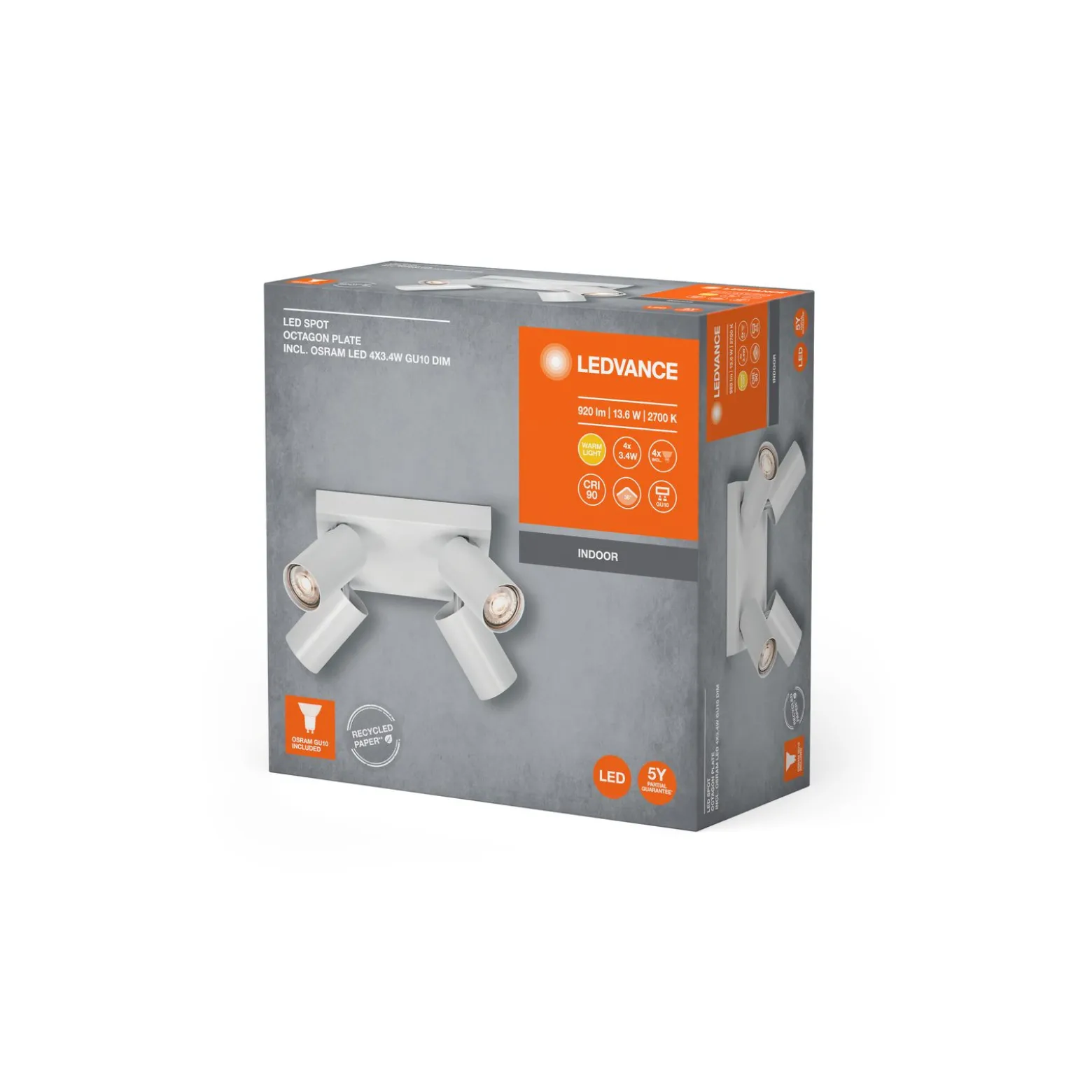 Ledvance LED Decor Spot Octagon Stål Platta Vit 13W 920lm - 827 Extra Varm Vit | Dimbar