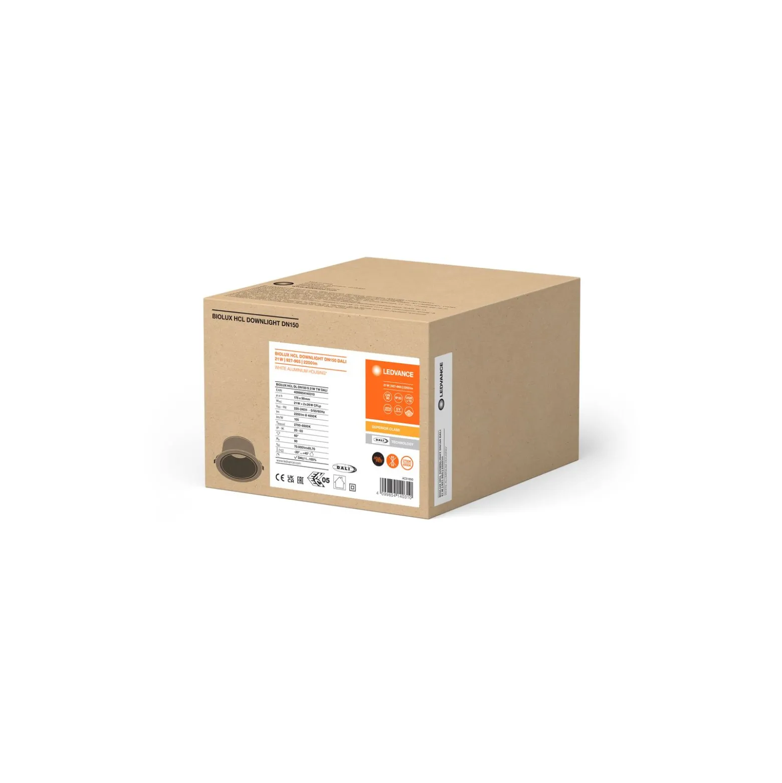 Ledvance LED Downlight Biolux DN150 21W 2200lm 60D - 927-965 Justerbar Vit | 175mm - Utskärning 160mm - Dali Dimbar - Bästa Färgåtergivning