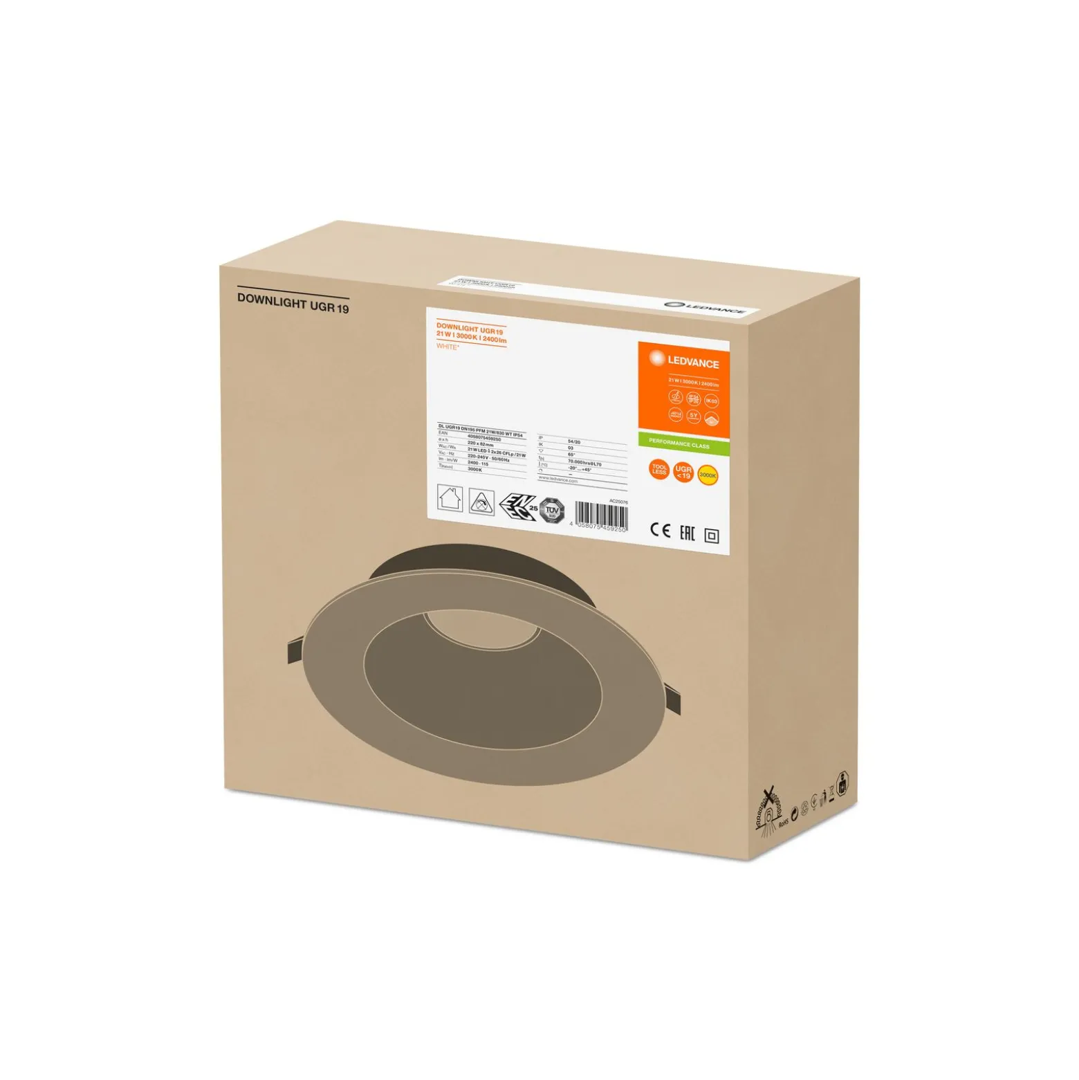 Ledvance LED Downlight Performance DN195 21W 2400lm 65D - 830 Varm Vit | 220mm - IP54