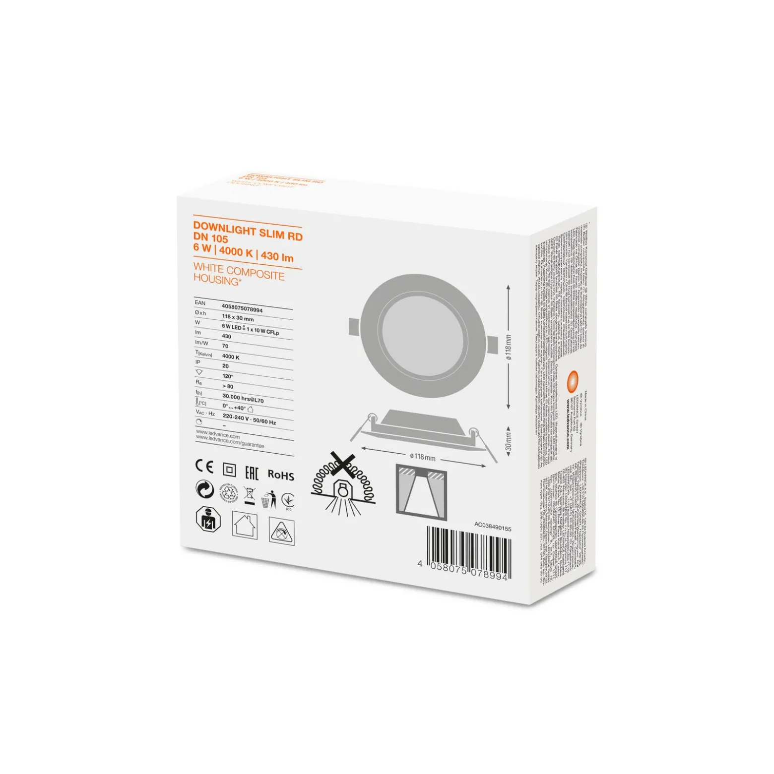 Ledvance LED Downlight Slim Runda DN105 6W 430lm 120D - 840 Kallvit | 118mm