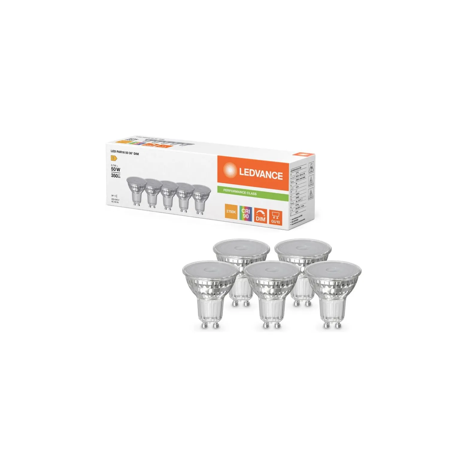 Ledvance LED GU10 PAR16 Performance 3.7W 350lm 36D - 927 Extra Varm Vit | Bästa Färgåtergivning - Dimbar - Ersättare 50W