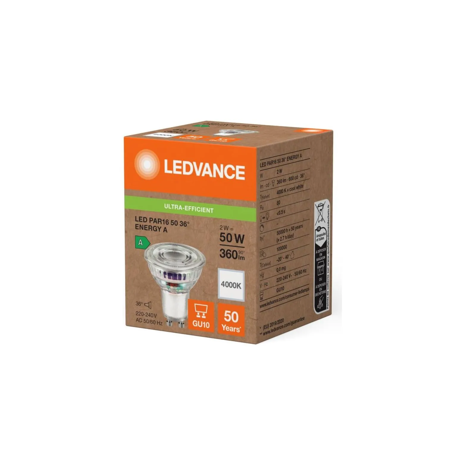 Ledvance LED PAR16 GU10 Reflektor 2W 360lm 36D - 840 Kallvit | Ersättare 50W