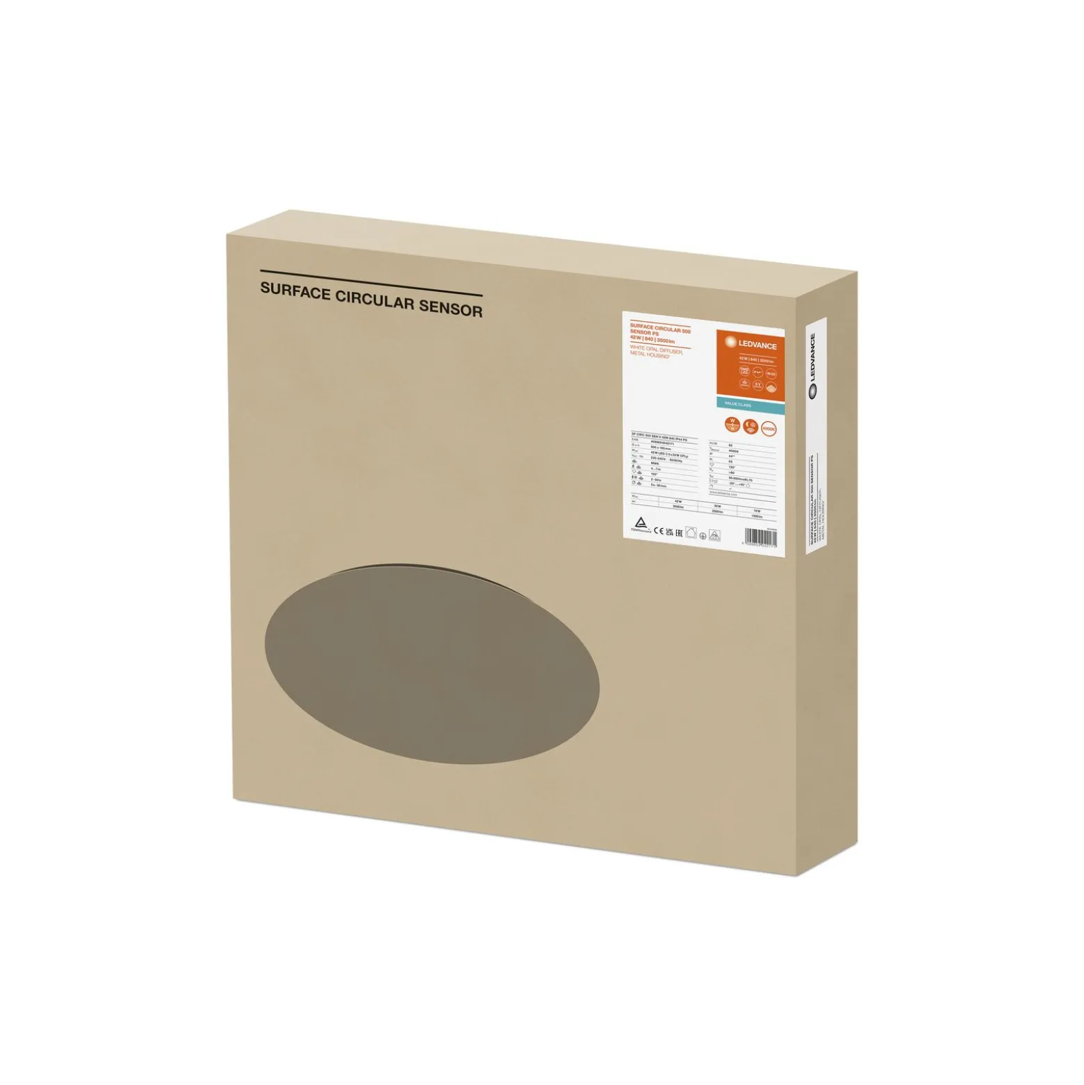 Ledvance LED Plafond Surface CIRCULAR 500 SENSOR PS Stål Vit 42W 3500lm - 840 Kallvit | IP44 - Med Rörelse- och ljussensor