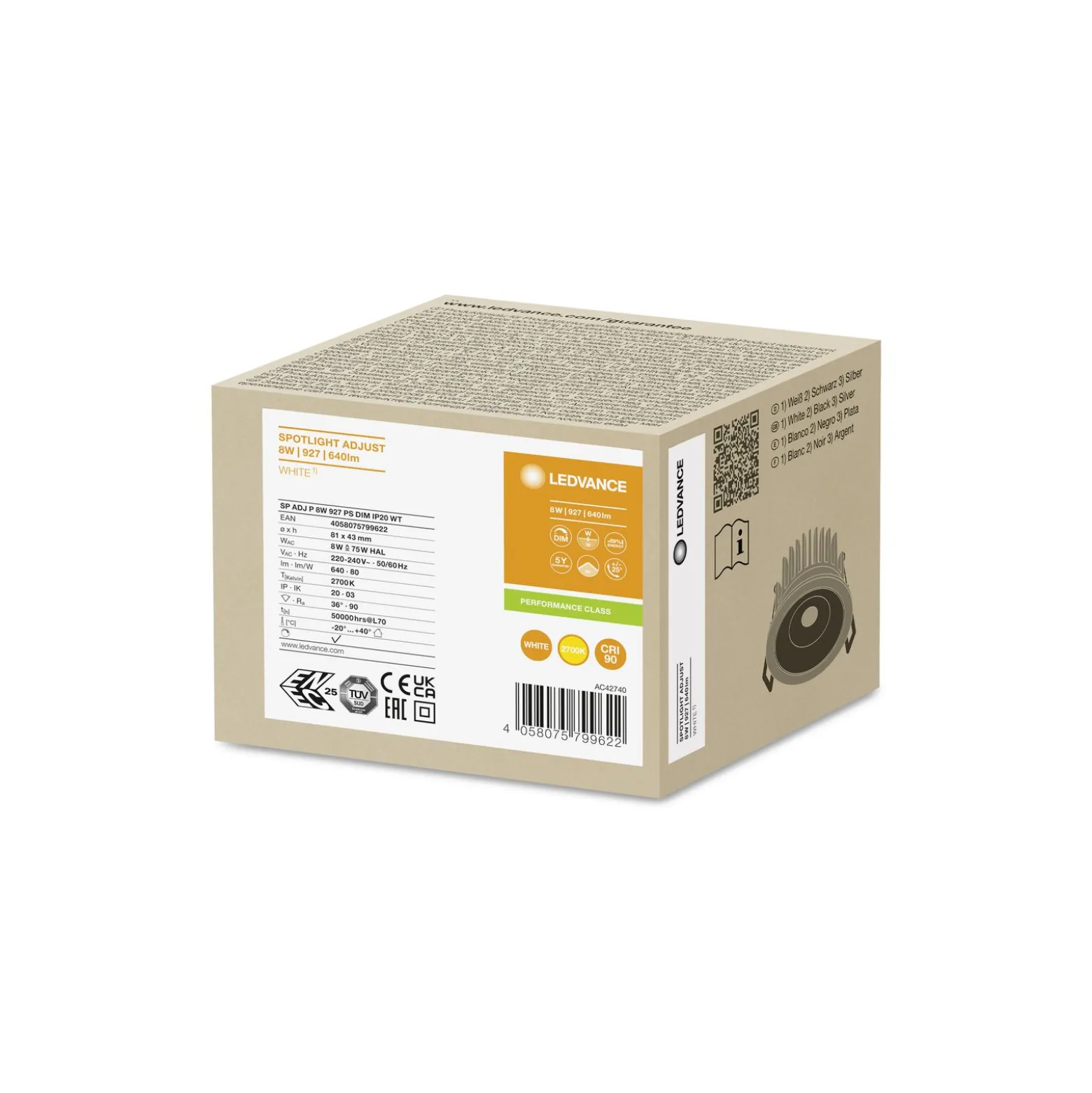Ledvance LED Spot Adjust Aluminium Vit 8W 640lm 36D - 927 Extra Varm Vit | Utskärning 68mm - IP20 - Bästa färgåtergivning - Dimbar