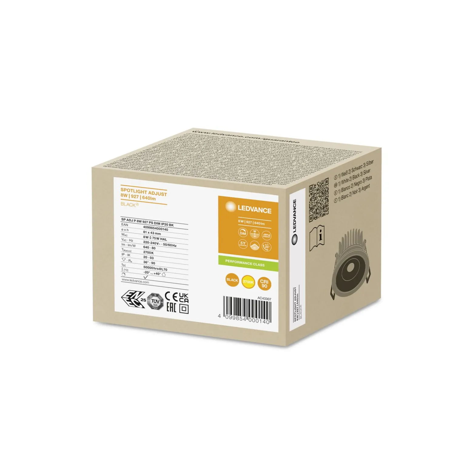 Ledvance LED Spot Adjust Aluminium Svart 8W 640lm 36D - 927 Extra Varm Vit | Utskärning 68mm - IP20 - Bästa färgåtergivning - Dimbar