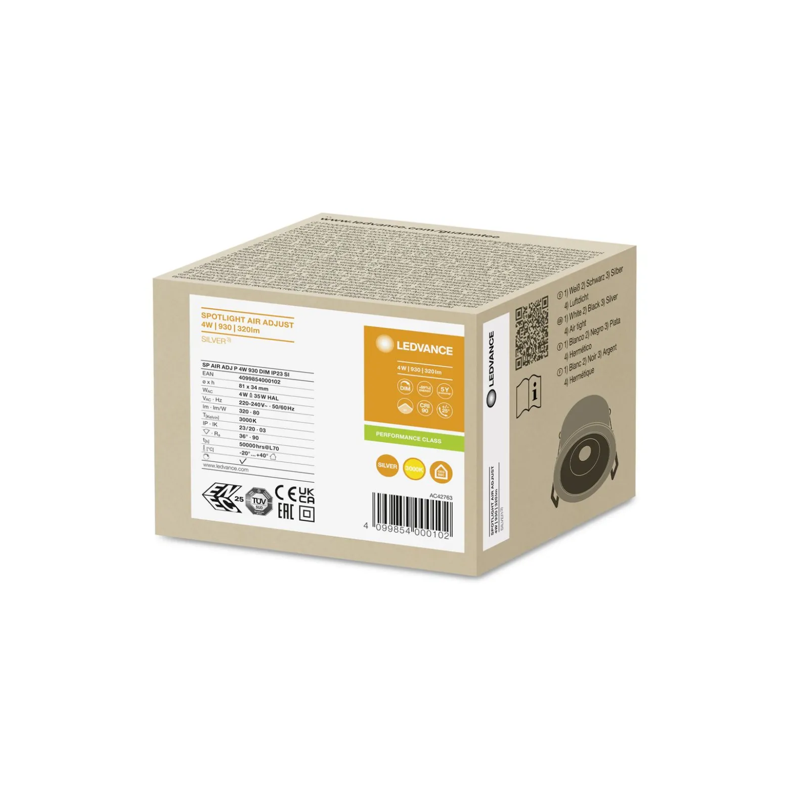 Ledvance LED Spot Air Adjust Aluminium Silver 4W 320lm 36D - 930 Varm Vit | Utskärning 68mm - IP23 - Bästa färgåtergivning - Dimbar