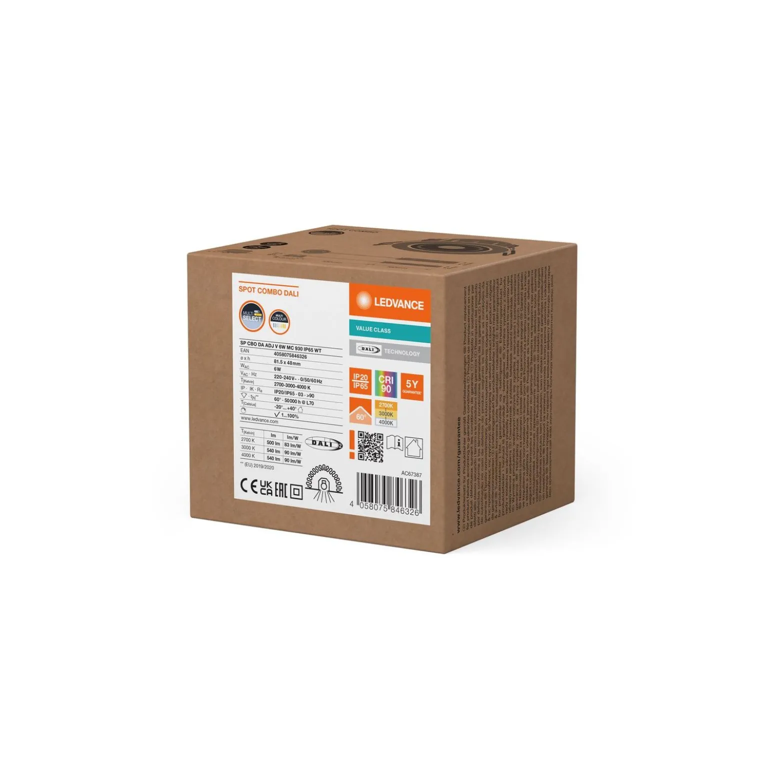 Ledvance LED Spot Combo Adjust Aluminium Vit 6W 540lm 60D - 940 Kallvit | 82mm - Utskärning 68mm - IP65 - Bästa Färgåtergivning - Dali Dimbar