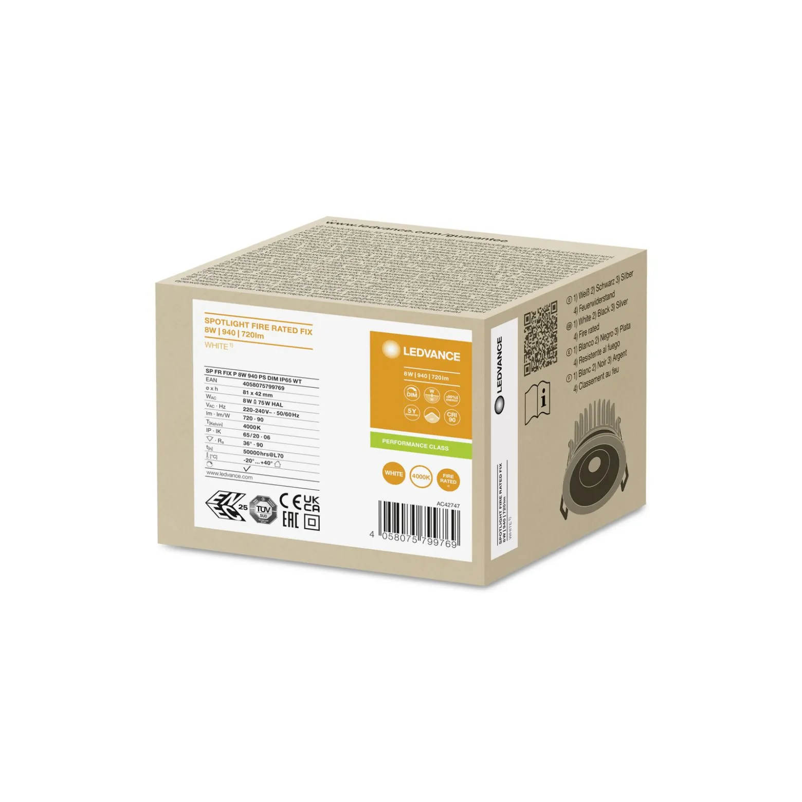 Ledvance LED Spot Fire Rated Aluminium Vit 8W 720lm 36D - 940 Kallvit | Utskärning 68mm - IP65 - Bästa färgåtergivning - Dimbar