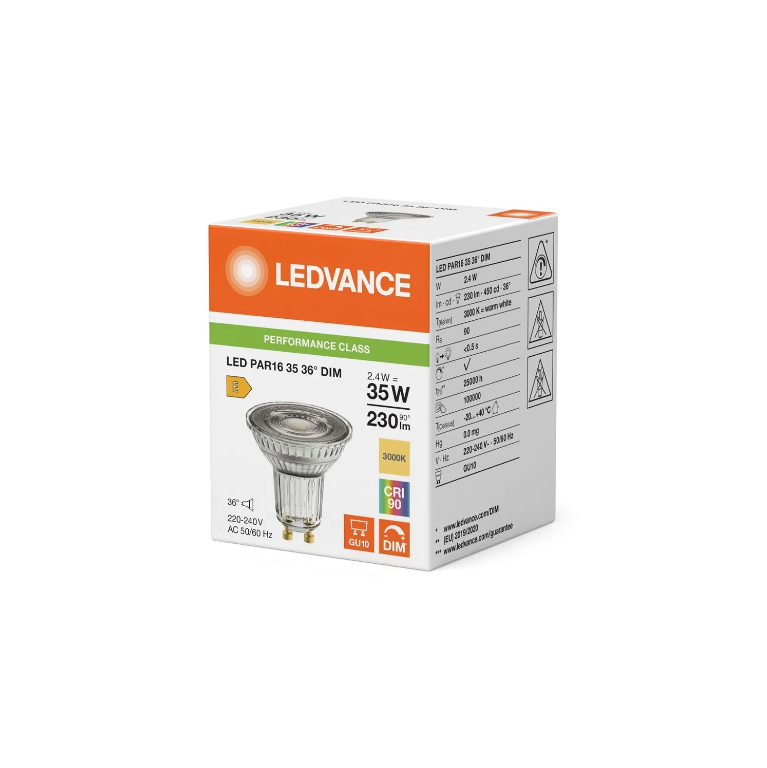 Ledvance LED Spot GU10 PAR16 2.4W 230lm 36D - 930 Varm Vit | Bästa Färgåtergivning - Dimbar - Ersättare 35W