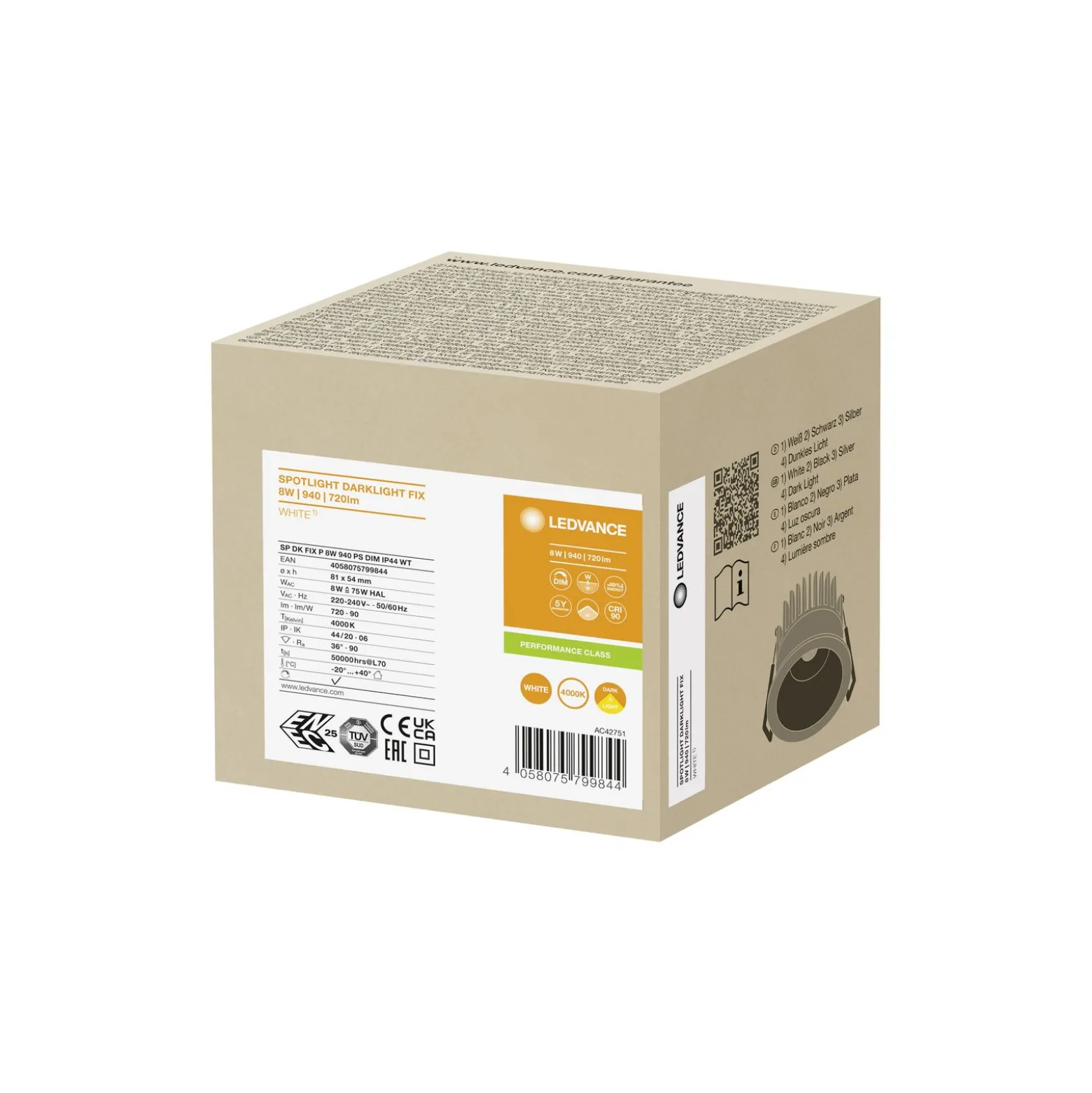 Ledvance LED Spot Mörklight Aluminium Vit 8W 720lm 36D - 940 Kallvit | Utskärning 68mm - IP44 - Bästa färgåtergivning - Dimbar