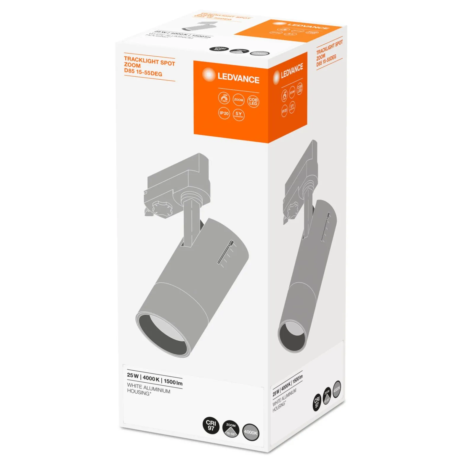 Ledvance LED Spårbelysning D85 Vit 25W 1500lm 15-55D - 940 Kallvit | Mechanical Zoom - Bästa Färgåtergivning - Dimbar