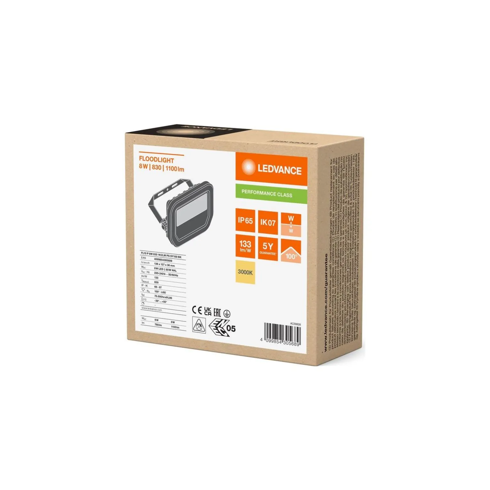 Ledvance LED Strålkastare Aluminium Svart 8W 1100lm 100D - 830 Varm Vit | IP66 - Symmetrisk