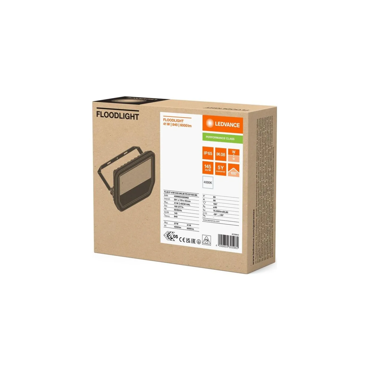 Ledvance LED Strålkastare Aluminium Svart 41W/27W 4000lm/6000lm 100D - 840 Kallvit | IP66 - Symmetrisk