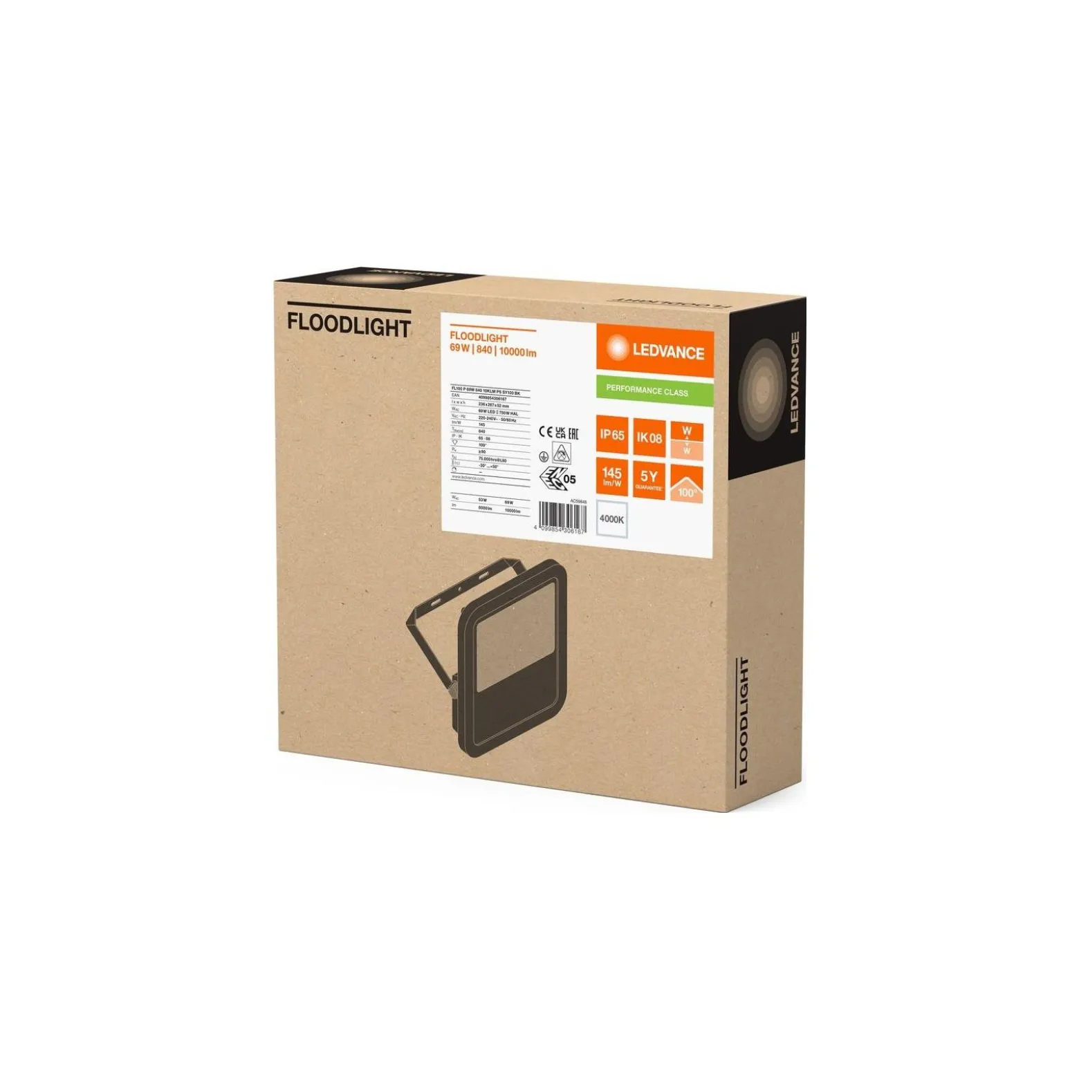 Ledvance LED Strålkastare Aluminium Svart 69W 10000lm 100D - 840 Kallvit | IP66 - Symmetrisk