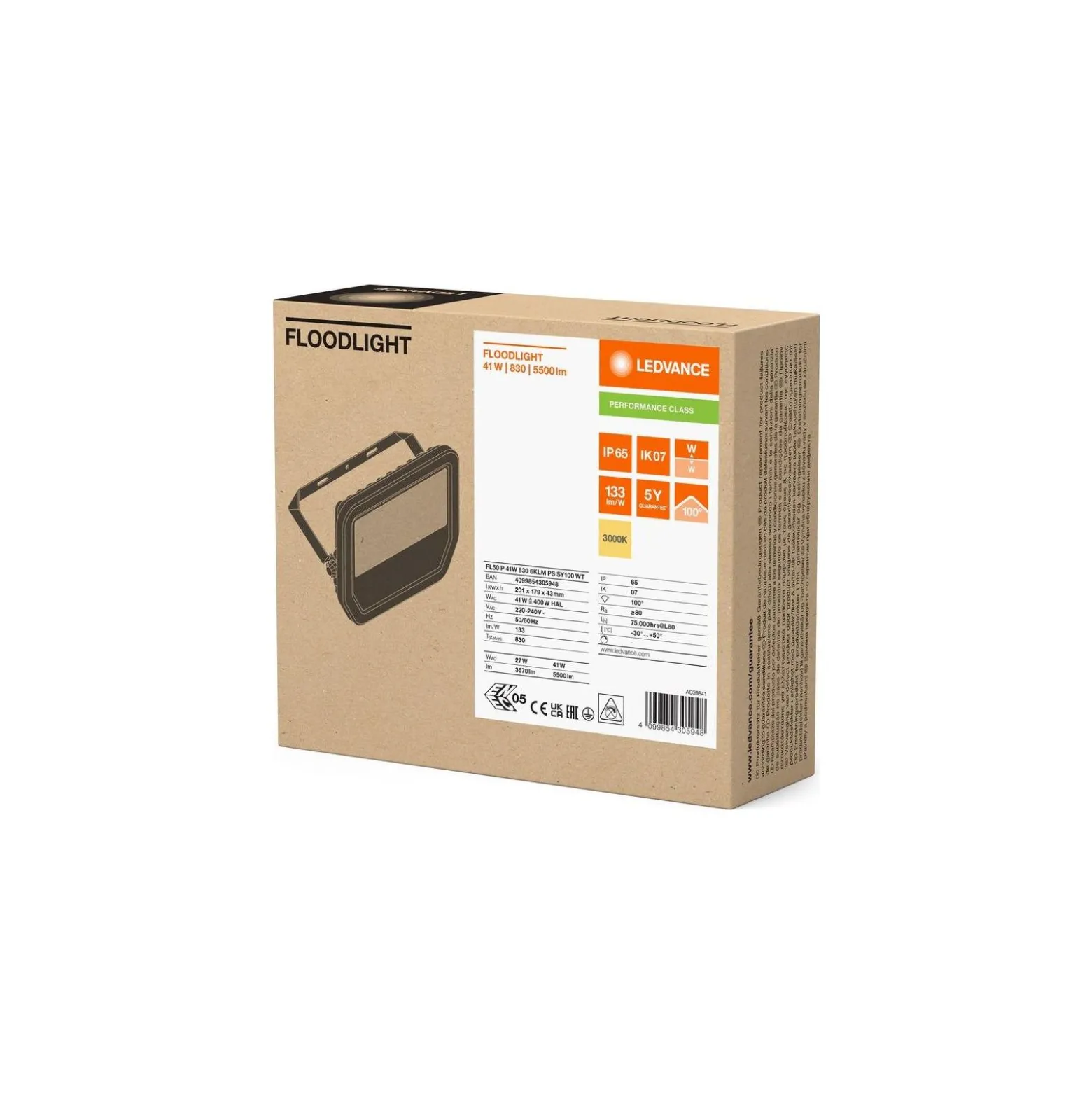 Ledvance LED Strålkastare Aluminium Vit 41W 5500lm 100D - 830 Varm Vit | IP66 - Symmetrisk