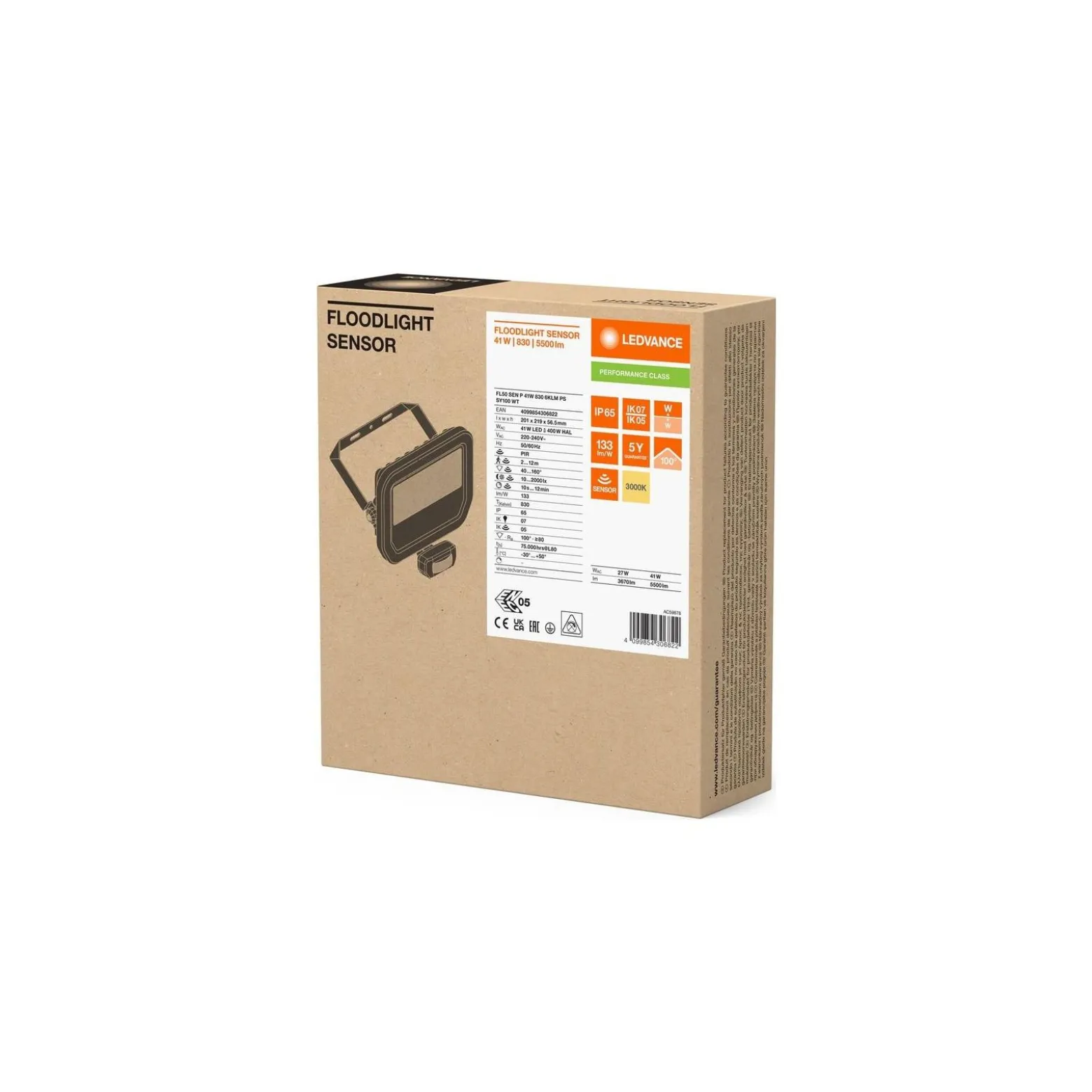 Ledvance LED Strålkastare Aluminium Vit 41W 5500lm 100D - 830 Varm Vit | IP65 - Rörelse- Och Ljussensor - Symmetrisk