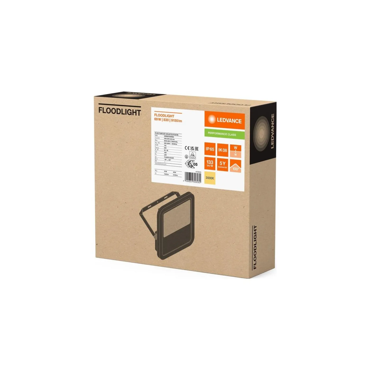 Ledvance LED Strålkastare Aluminium Svart 69W 9150lm 100D - 830 Varm Vit | IP66 - Symmetrisk