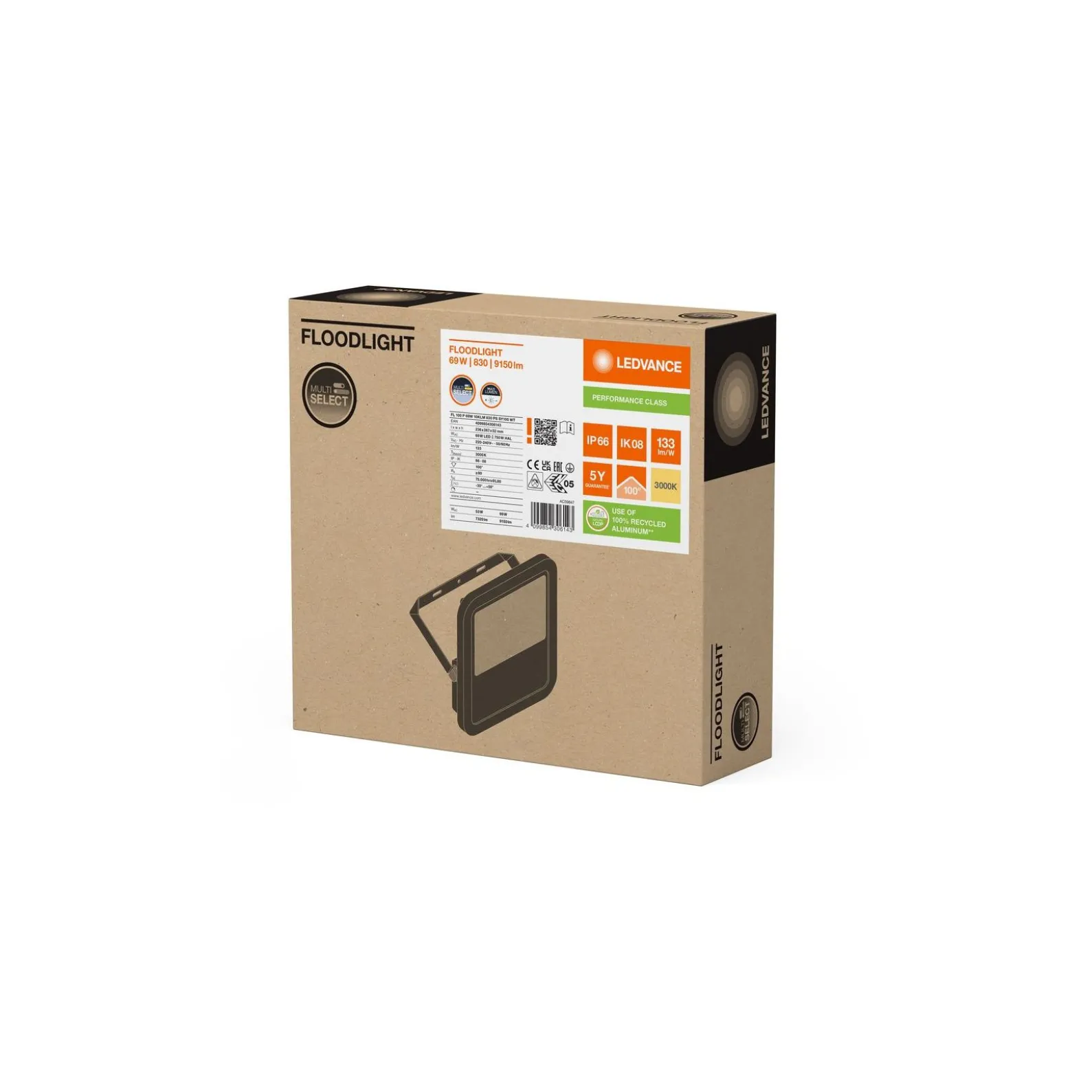 Ledvance LED Strålkastare 100 Aluminium Vit 69W 9150lm 100D - 830 Varm Vit | IP66 - Symmetrisk