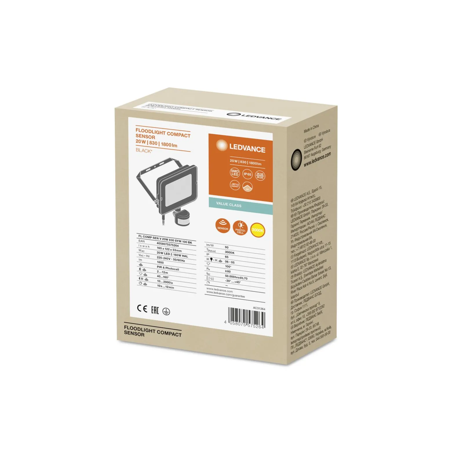 Ledvance LED Strålkastare Kompakt Svart 20W 1800lm 100D - 830 Varm Vit | IP65 - Symmetrisk - Rörelse- och ljussensor