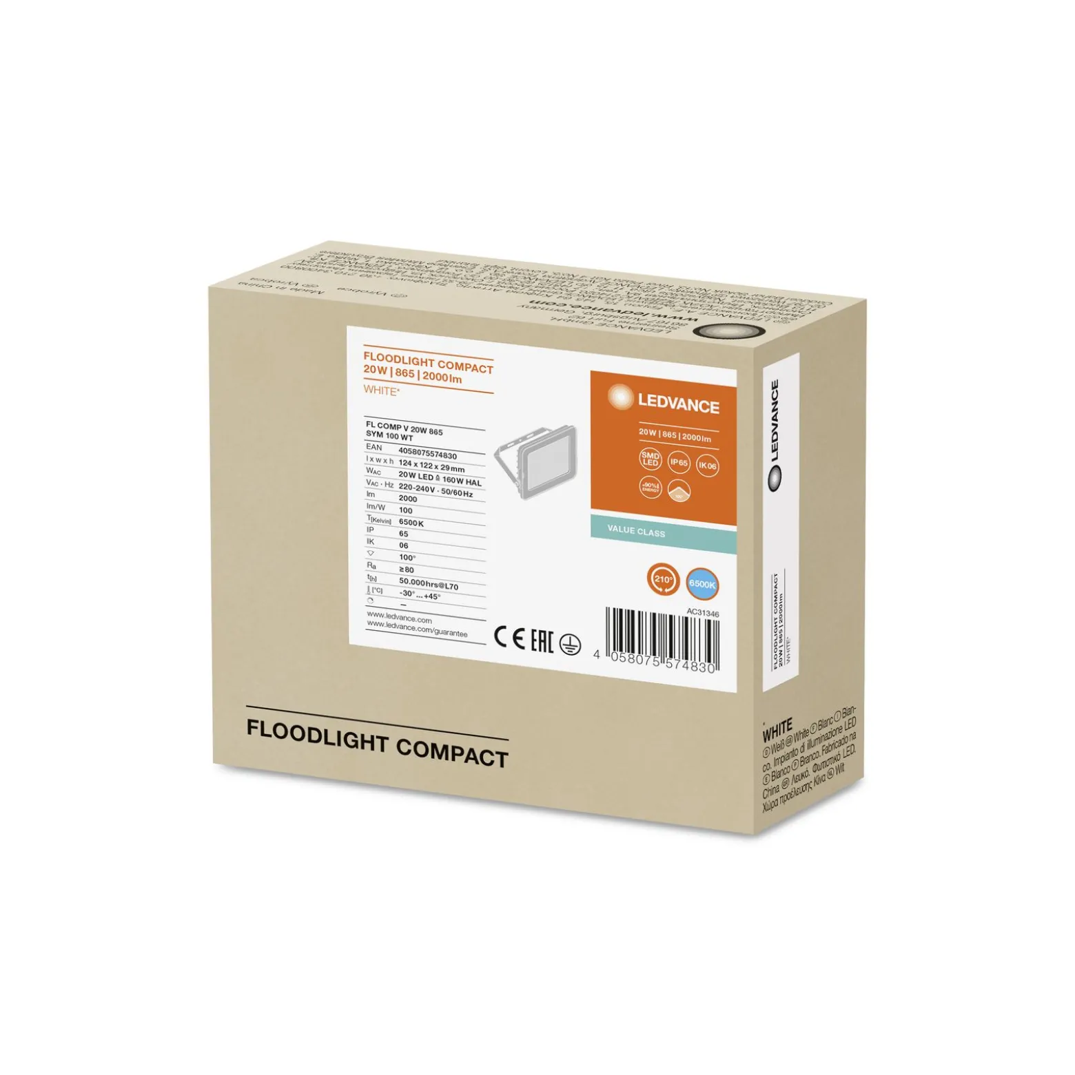 Ledvance LED Strålkastare Kompakt Vit 20W 2000lm 100D - 865 Dagsljus | IP65 - Symmetrisk