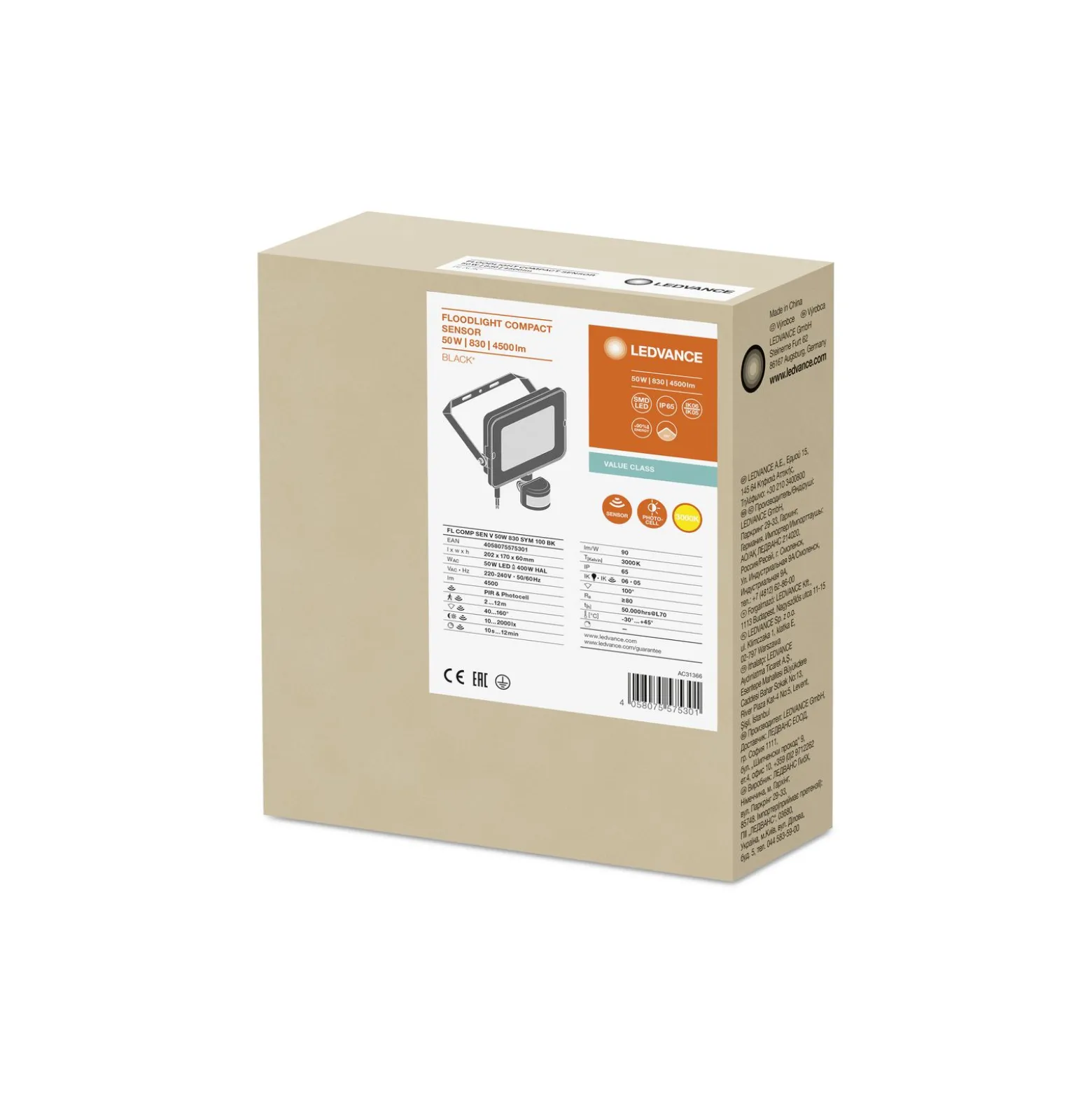 Ledvance LED Strålkastare Kompakt Svart 50W 4500lm 100D - 830 Varm Vit | IP65 - Symmetrisk - Rörelse- och ljussensor