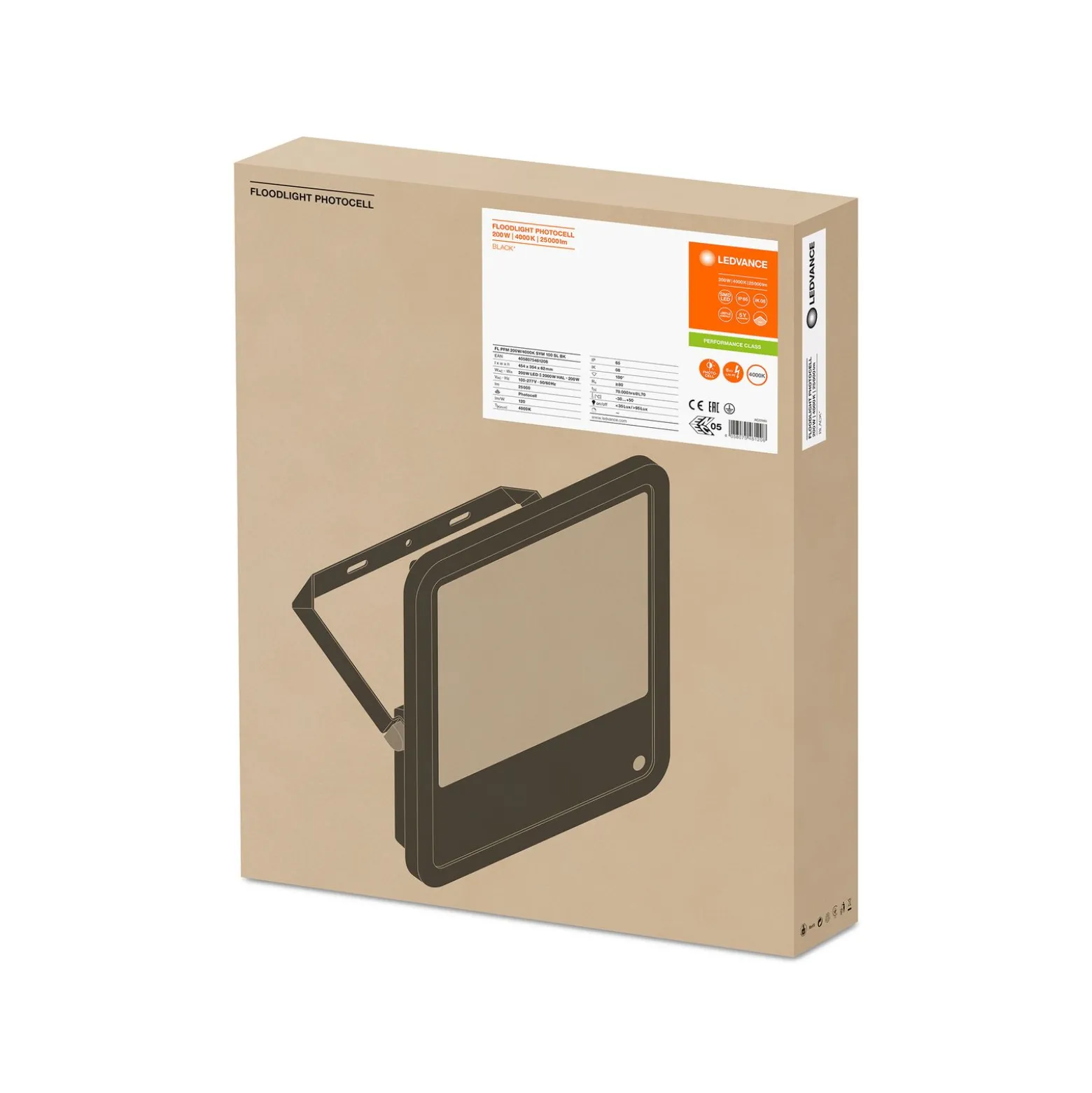 Ledvance LED Strålkastare Photocell GEN 3 Svart 200W 25000lm 100D - 840 Kallvit | IP65 - Ljussensor - Symmetrisk