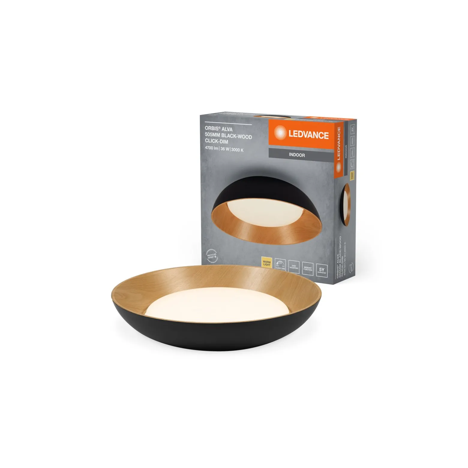 Ledvance LED Taklampa Orbis Alva Svart och Trä 36W 1600lm - 830 Varm Vit | Touchdimmerbar