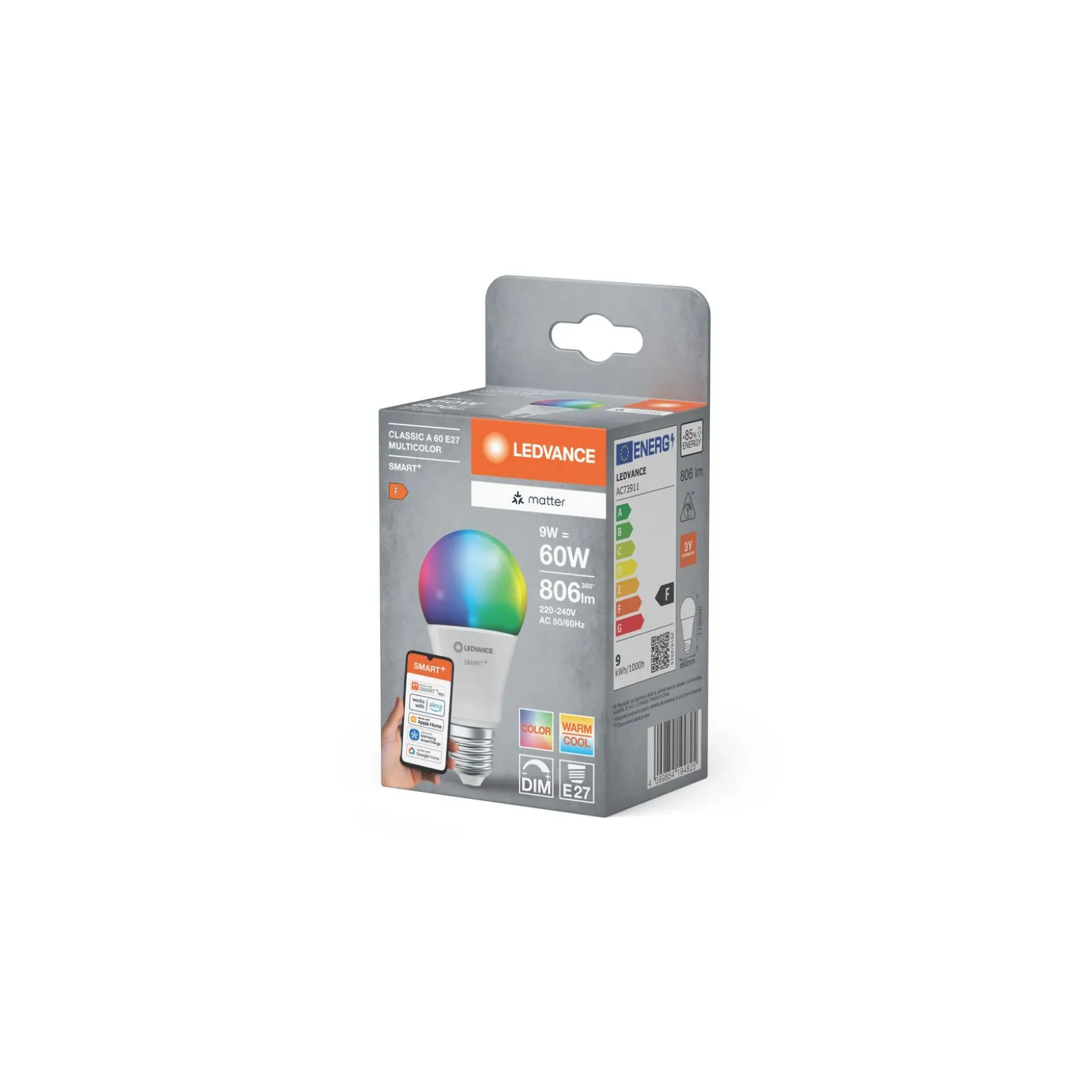 Ledvance Smart+ Matter E27 A60 9W 806lm - 827-865 Justerbar Vit | RGBW - Dimbar - Ersättare 60W