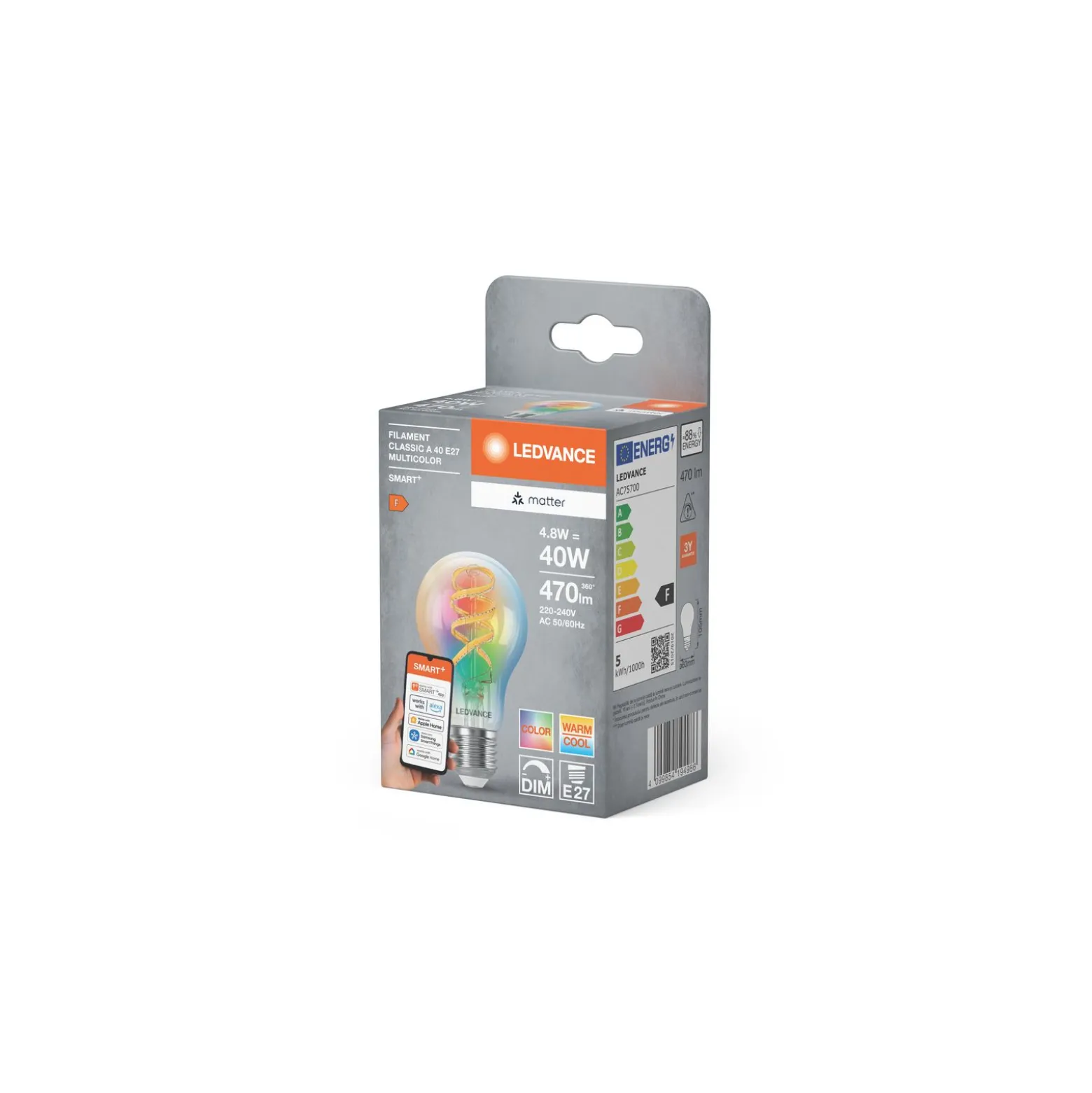 Ledvance Smart+ Matter E27 A60 4.8W 470lm - 827-865 Justerbar Vit | RGBW - Dimbar - Ersättare 40W