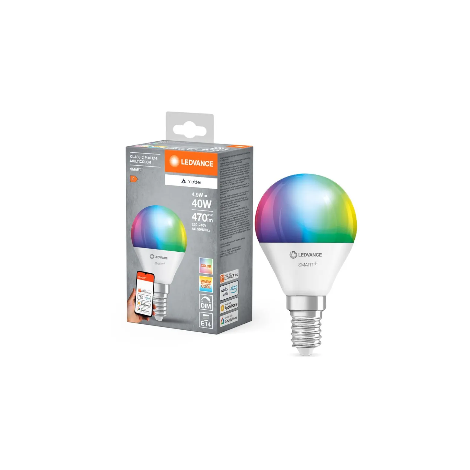 Ledvance Smart+ Matter E14 P45 4.9W 470lm - 827-865 Justerbar Vit | RGBW - Dimbar - Ersättare 40W