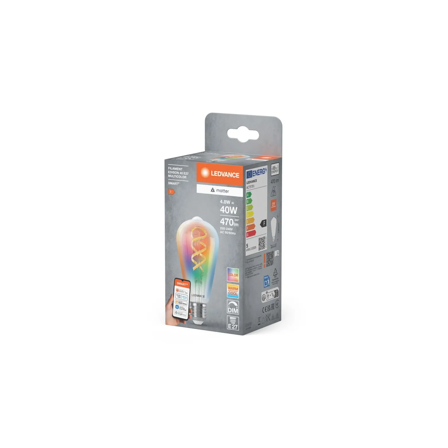 Ledvance Smart+ Matter E27 ST64 4.8W 470lm - 827-865 Justerbar Vit | RGBW - Dimbar - Ersättare 40W