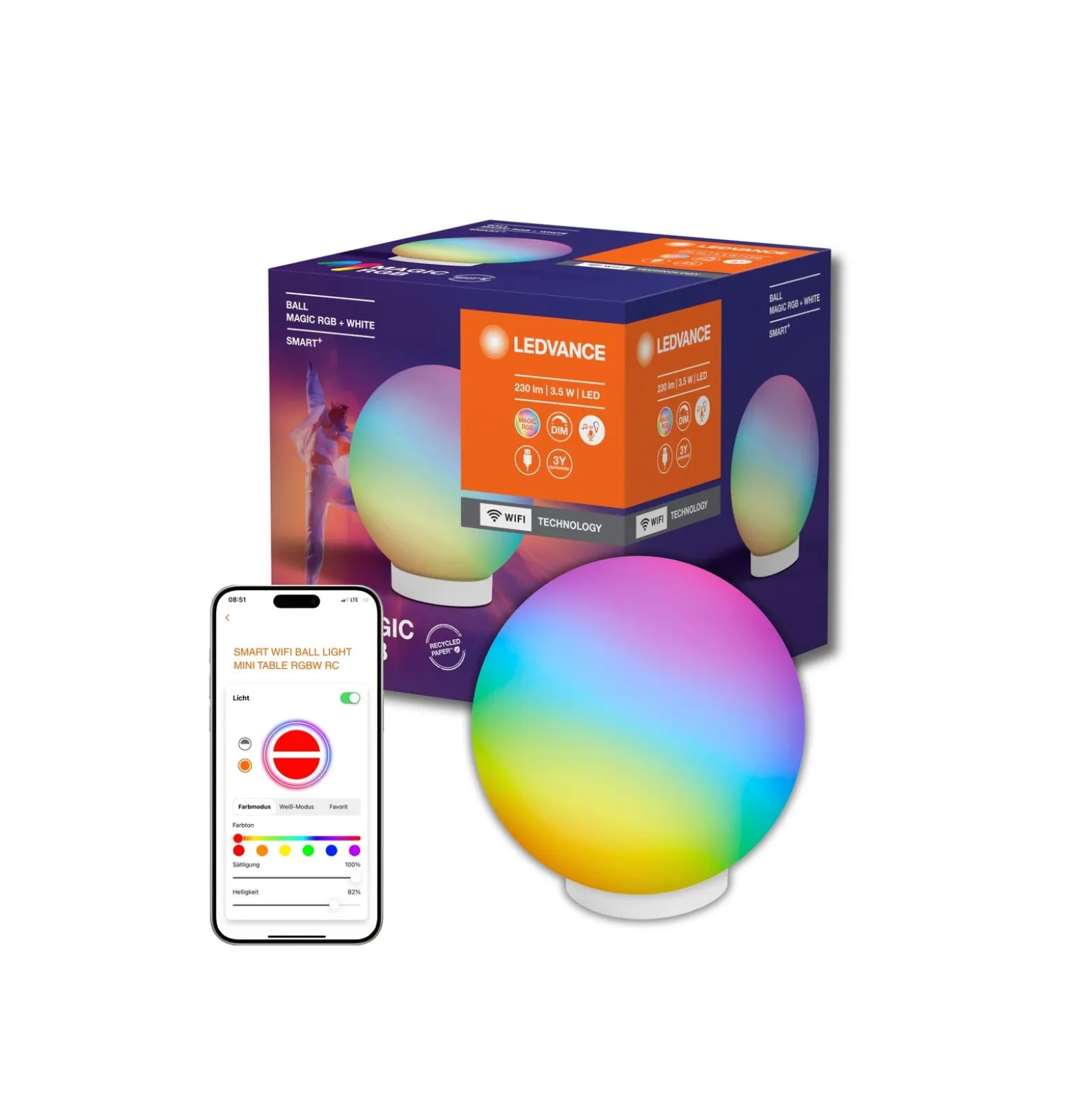 Ledvance Smart+ Wifi Boll Magic Vit 3W 200lm - 822-865 Justerbar Vit | RGBW - USB