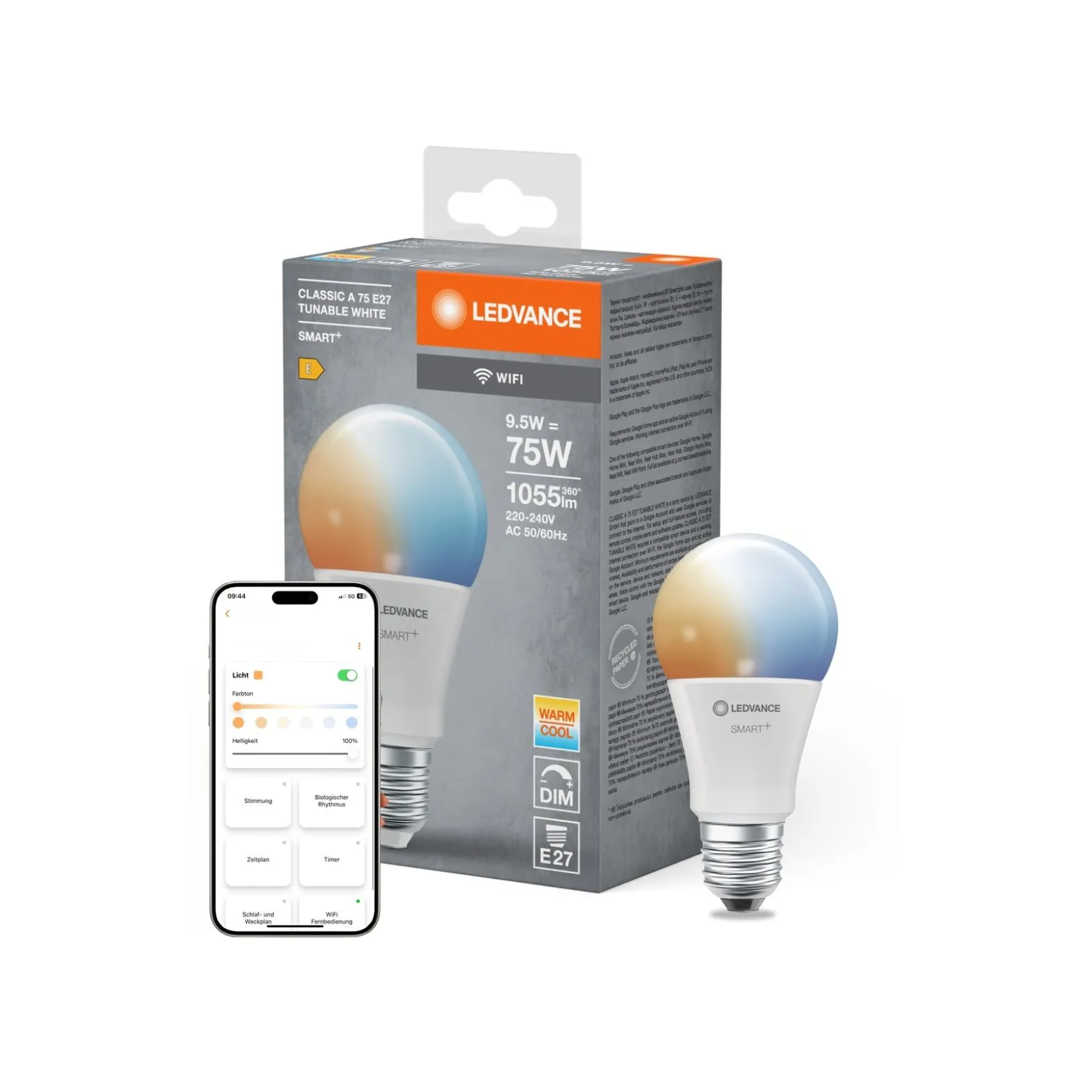 Ledvance Smart+ Wifi E27 A60 9.8W 1055lm - 827-865 Justerbar Vit | Dimbar - Ersättare 75W