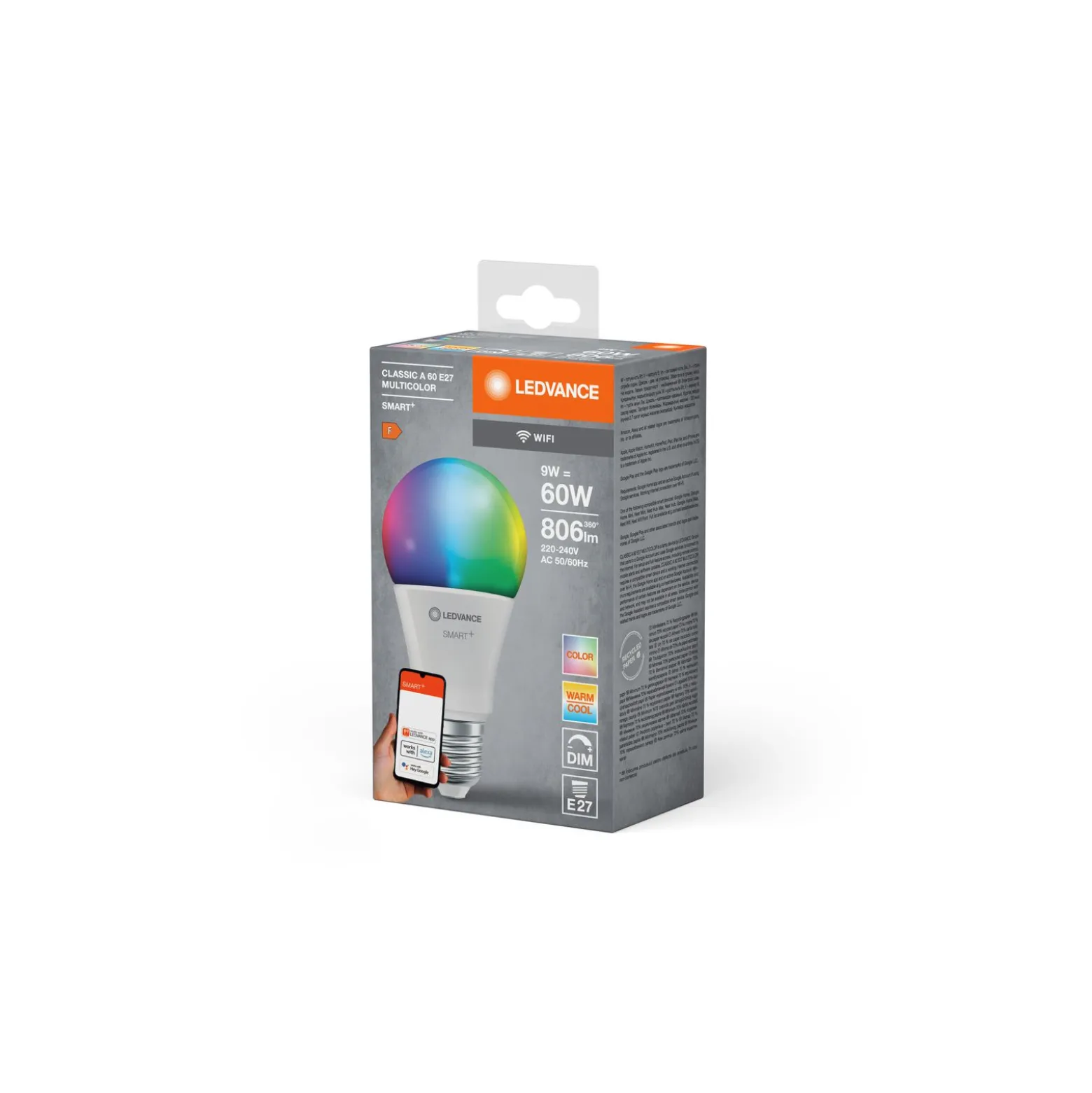 Ledvance Smart+ Wifi E27 A60 9W 806lm - 827-865 Justerbar Vit | RGBW - Dimbar - Ersättare 60W