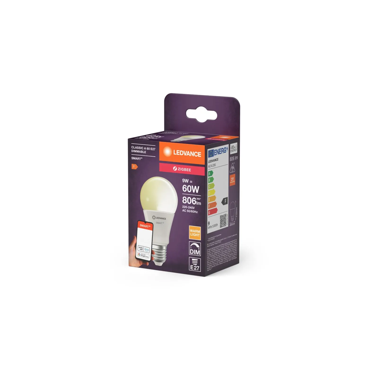 Ledvance Smart+ Zigbee E27 A60 9W 806lm - 827 Extra Varm Vit | Dimbar - Ersättare 60W