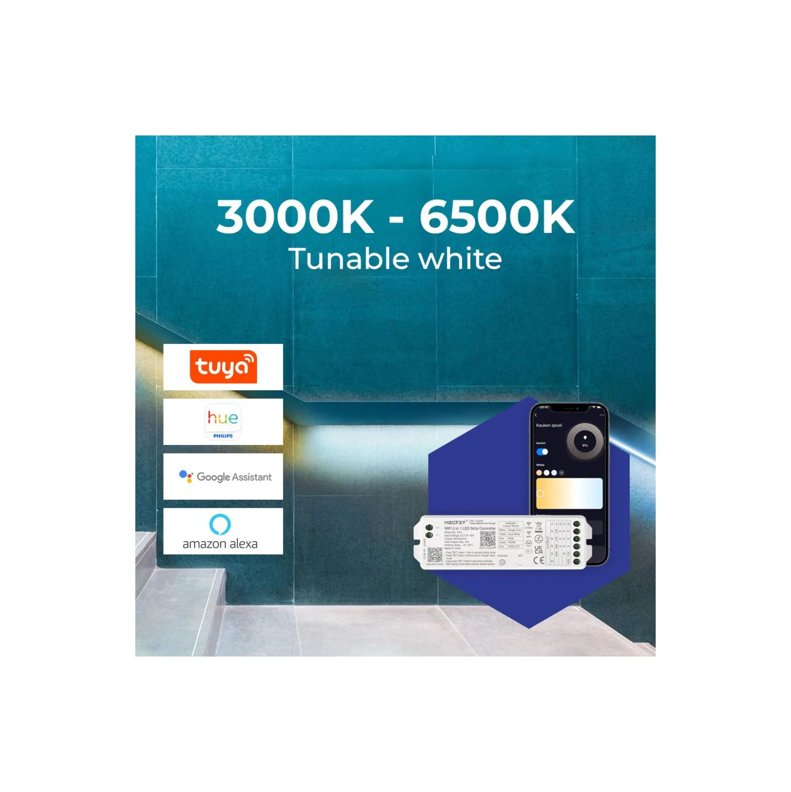 Noxion Led-Ljusslingor Naga 5 Meter Komplett set - Smart Wifi - 24V - 120LEDs/m - 9.6W/m - 930-965 Justerbar Vit | 8mm - IP20 - Bästa Färgåtergivning - SMD2835