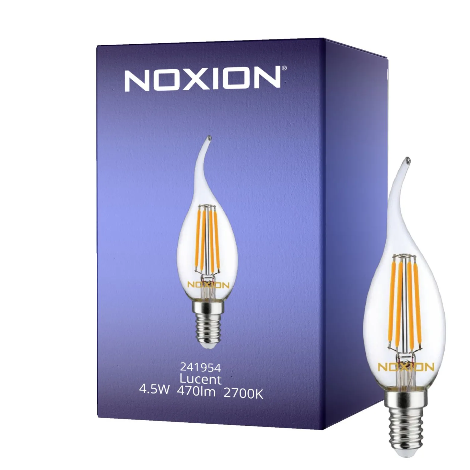 Noxion Lucent LED E14 Bøyd spiss Kronljus Filament Klar 4.5W 470lm - 827 Extra Varm Vit | Dimbar - Ersättare 40W