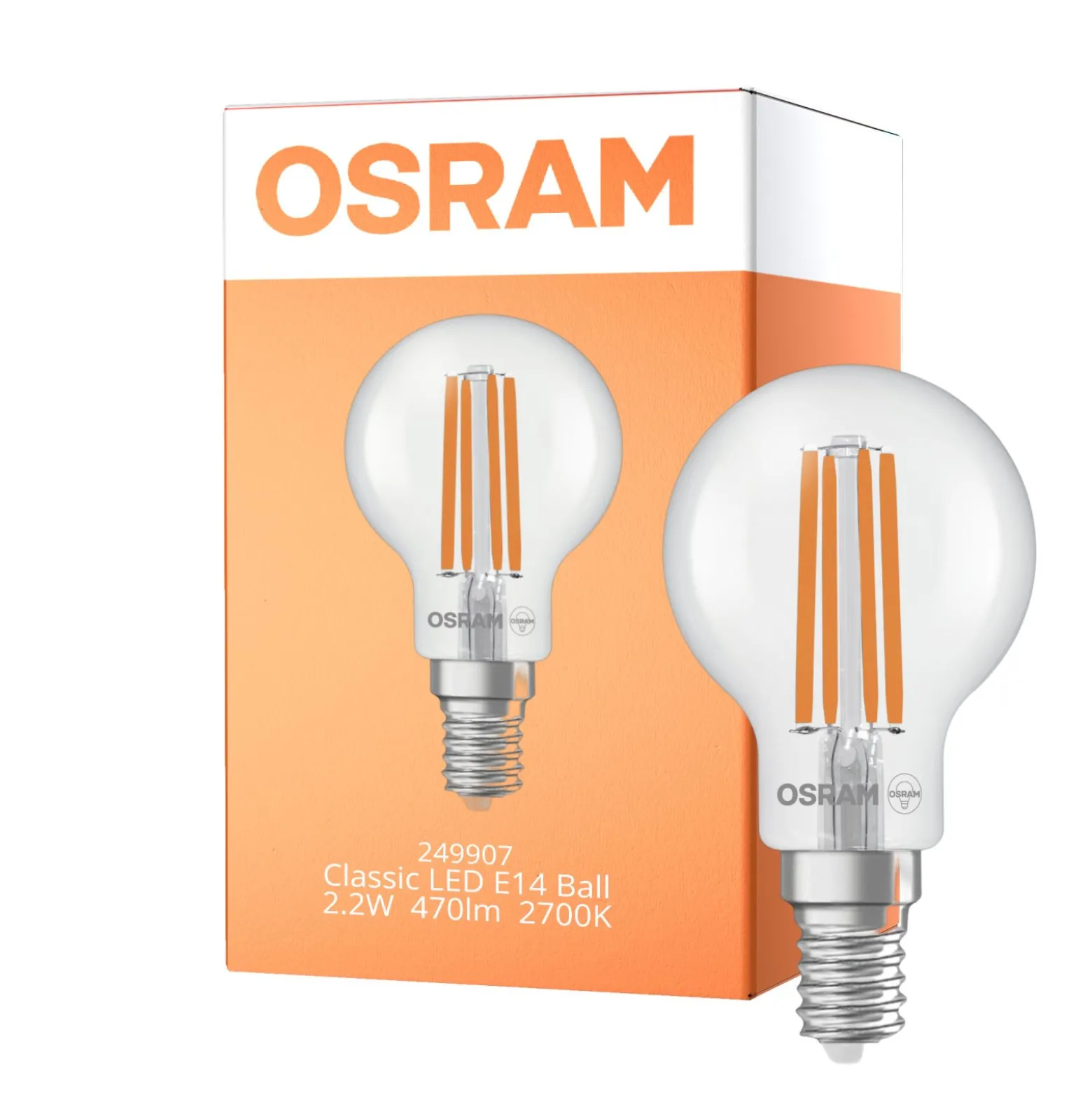Osram Classic LED E14 Boll Filament Klar 2.2W 470lm - 827 Extra Varm Vit | Ersättare 40W