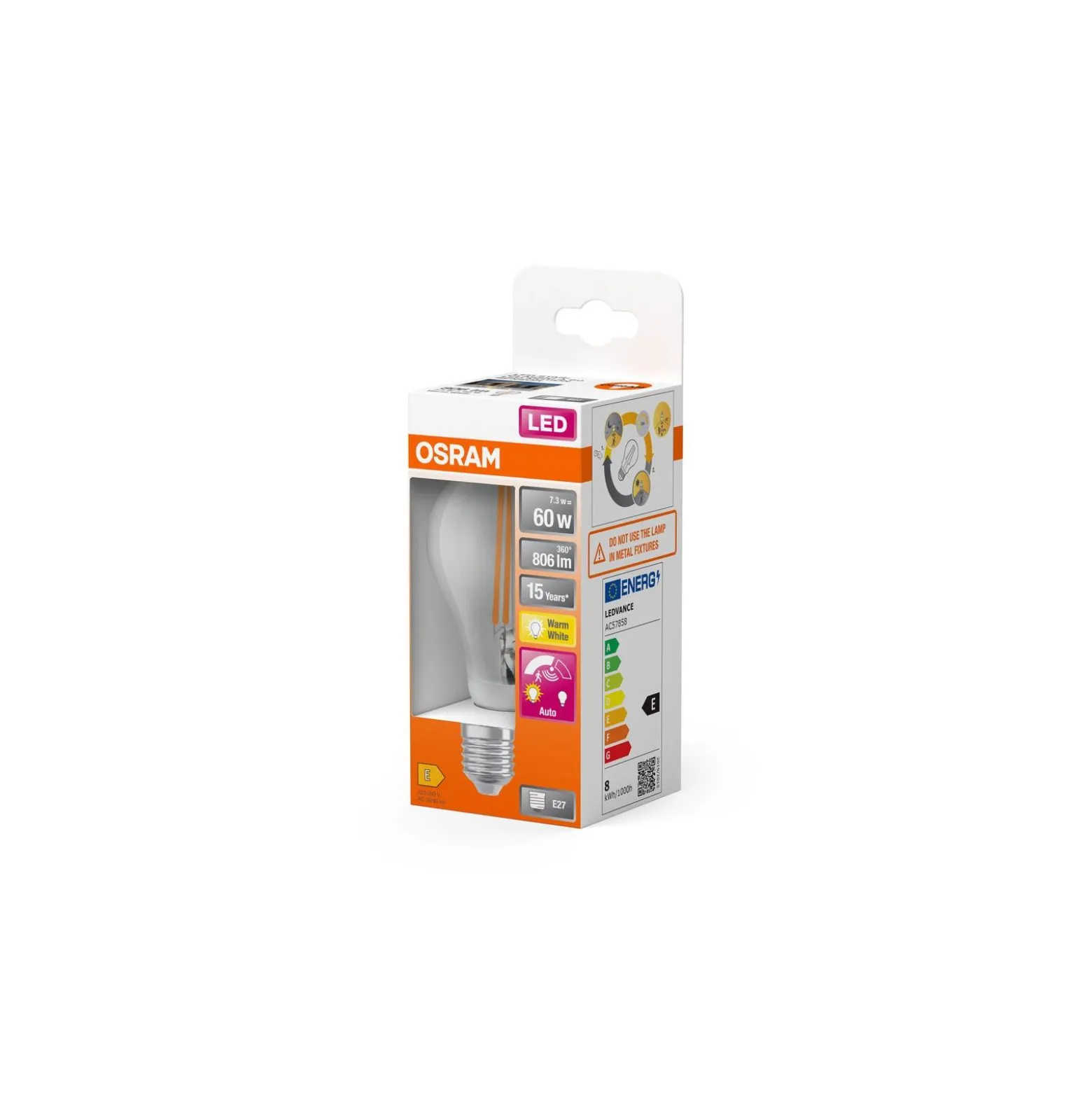 Osram Classic LED E27 Päron Filament Klar 7.3W 806lm - 827 Extra Varm Vit | Rörelse- Och Ljussensor - Ersättare 60W