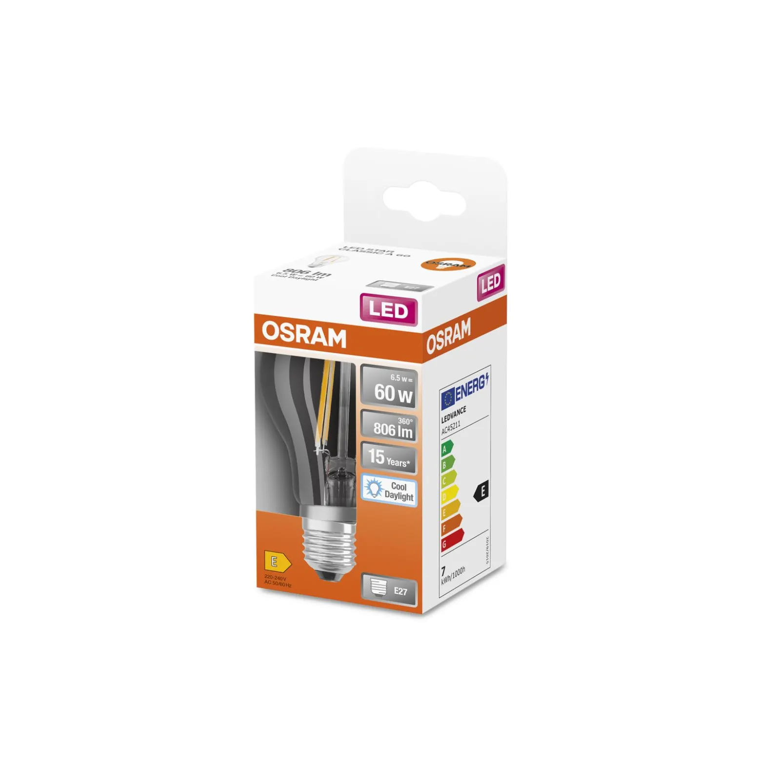 Osram Classic LED E27 Päron Filament Klar 6.5W 806lm - 865 Dagsljus | Ersättare 60W