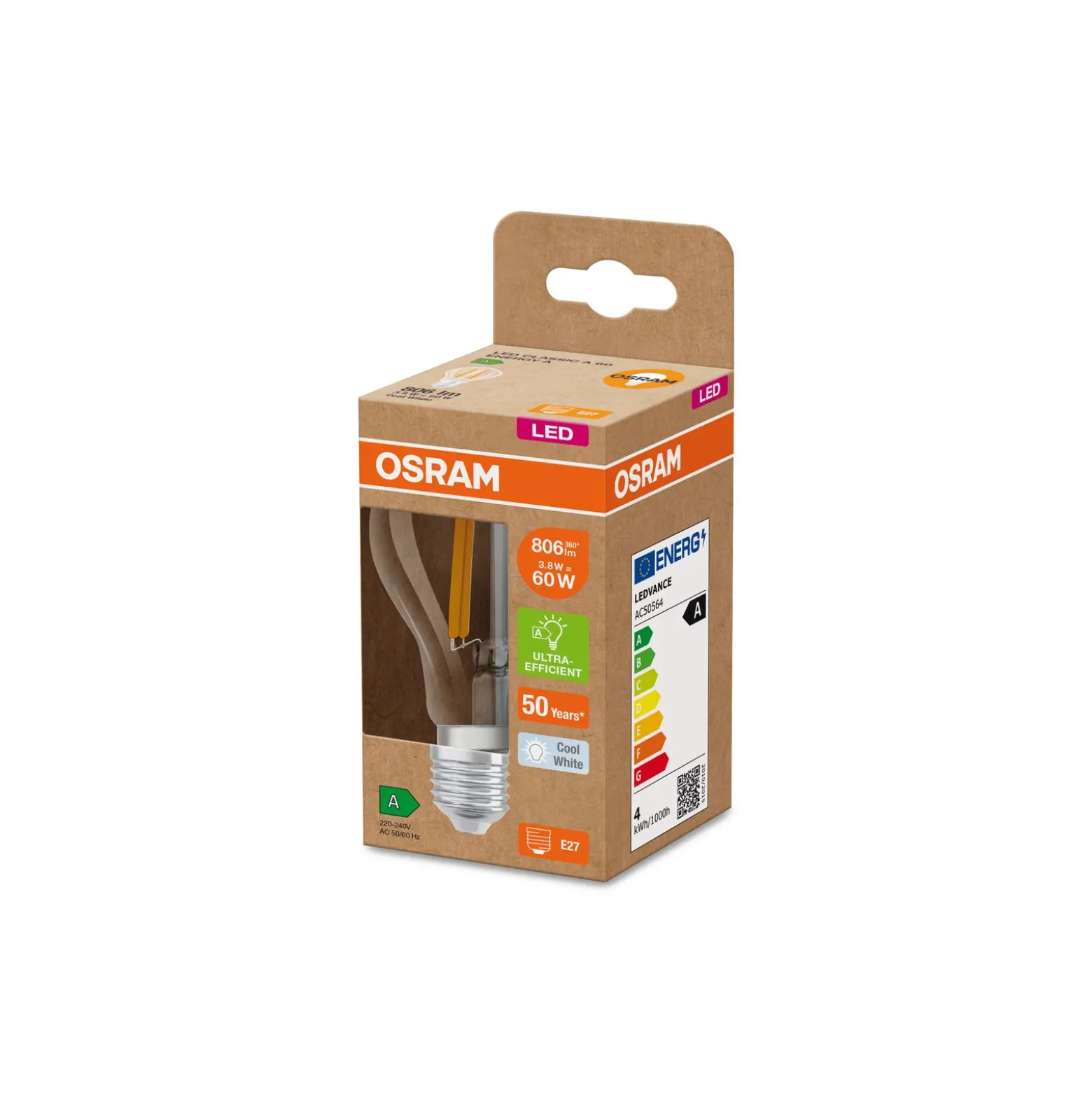 Osram Classic LED E27 Päron Filament Klar 3.8W 806lm Ultra Efficiency - 840 Kallvit | Ersättare 60W