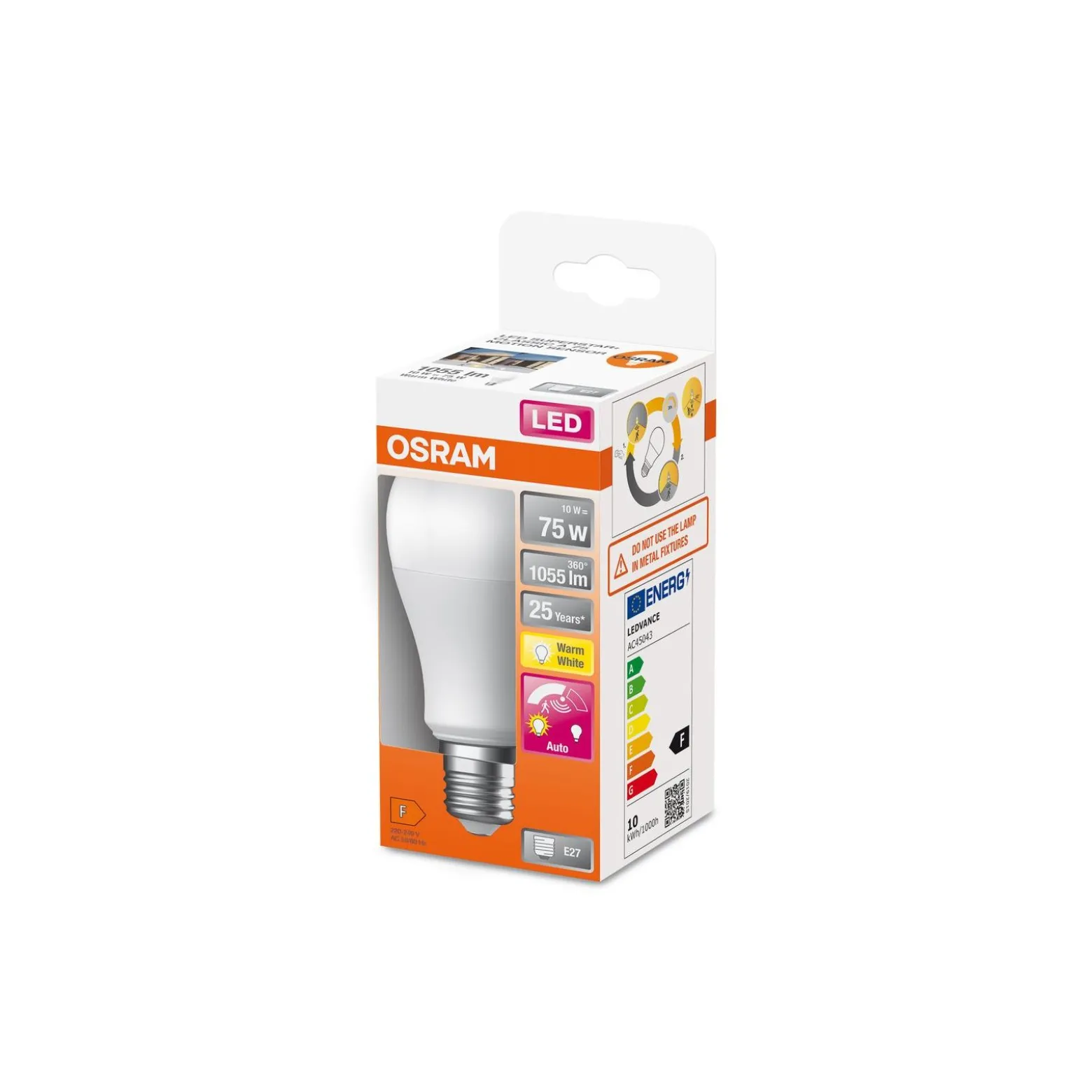 Osram Classic LED E27 Päron Matt 10W 1055lm - 827 Extra Varm Vit | Rörelse- Och Ljussensor - Ersättare 75W
