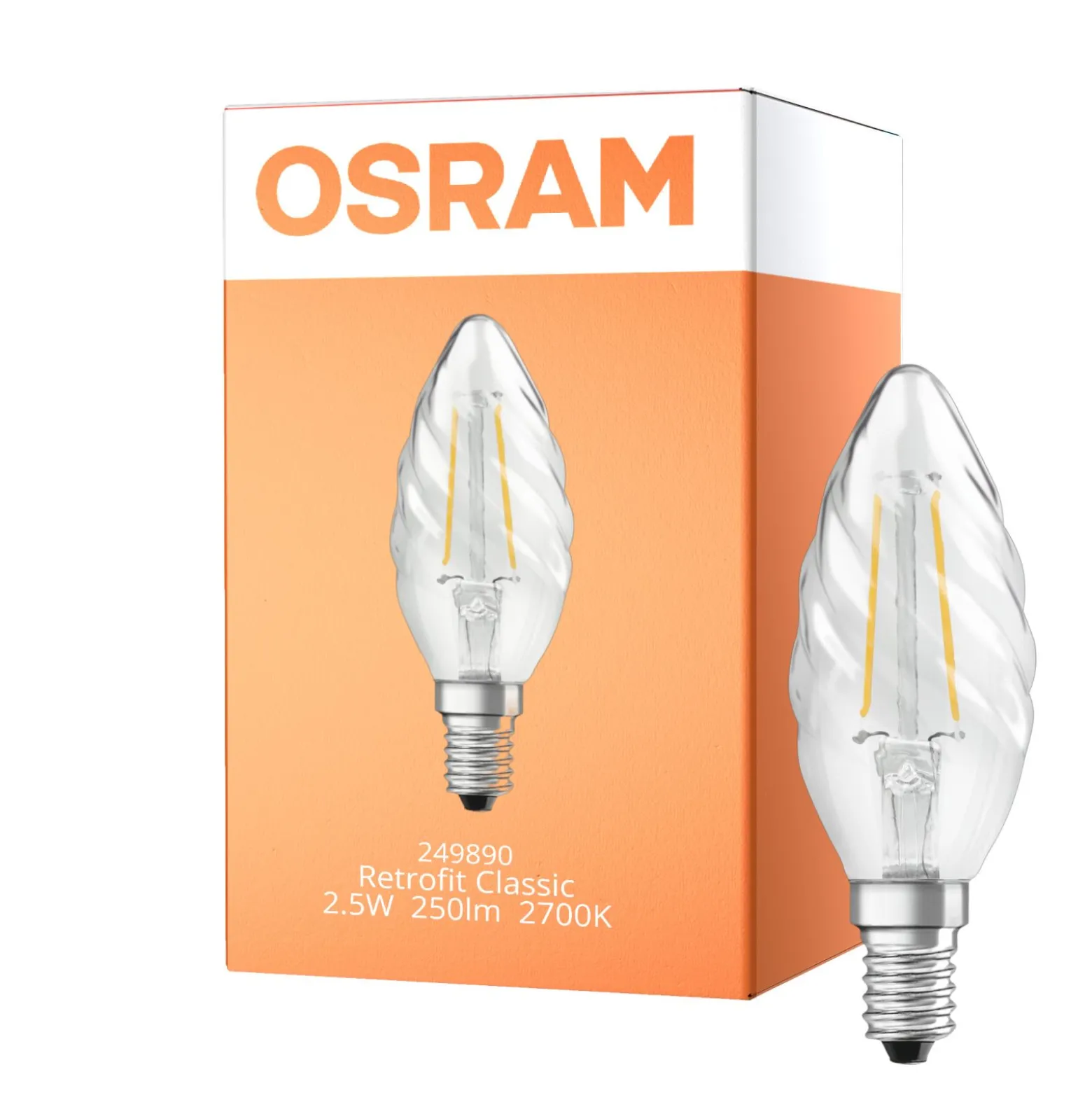 Osram Classic LED E14 Vriden candle Filament Klar 2.5W 250lm - 827 Extra Varm Vit | Ersättare 25W