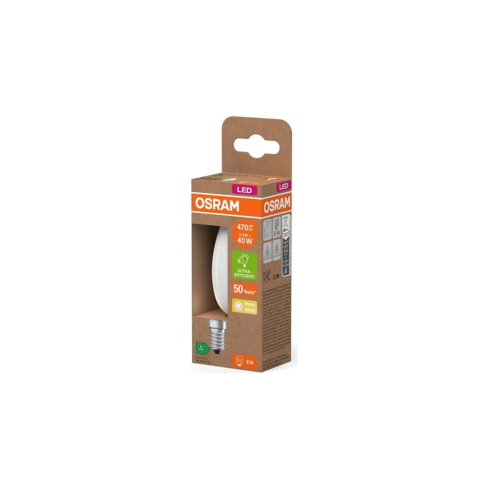 Osram LED Classic E14 Kronljus Filament Matt 2.2W 470lm - 827 Extra Varm Vit | Ersättare 40W