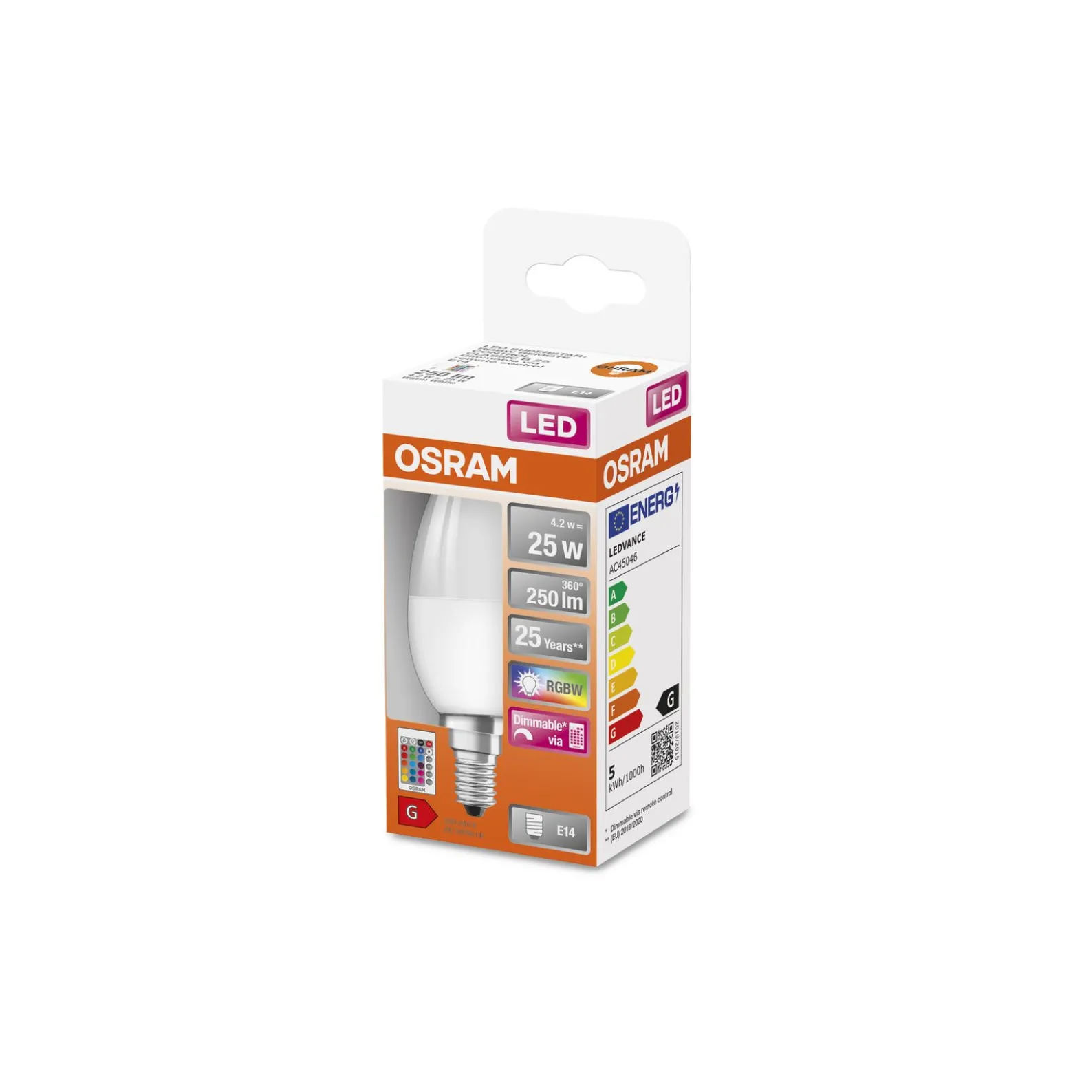 Osram LED E14 Kronljus Matt 5W 250lm - 827 Extra Varm Vit | RGBW - Dimbar - Fjärrkontroll - Ersättare 40W