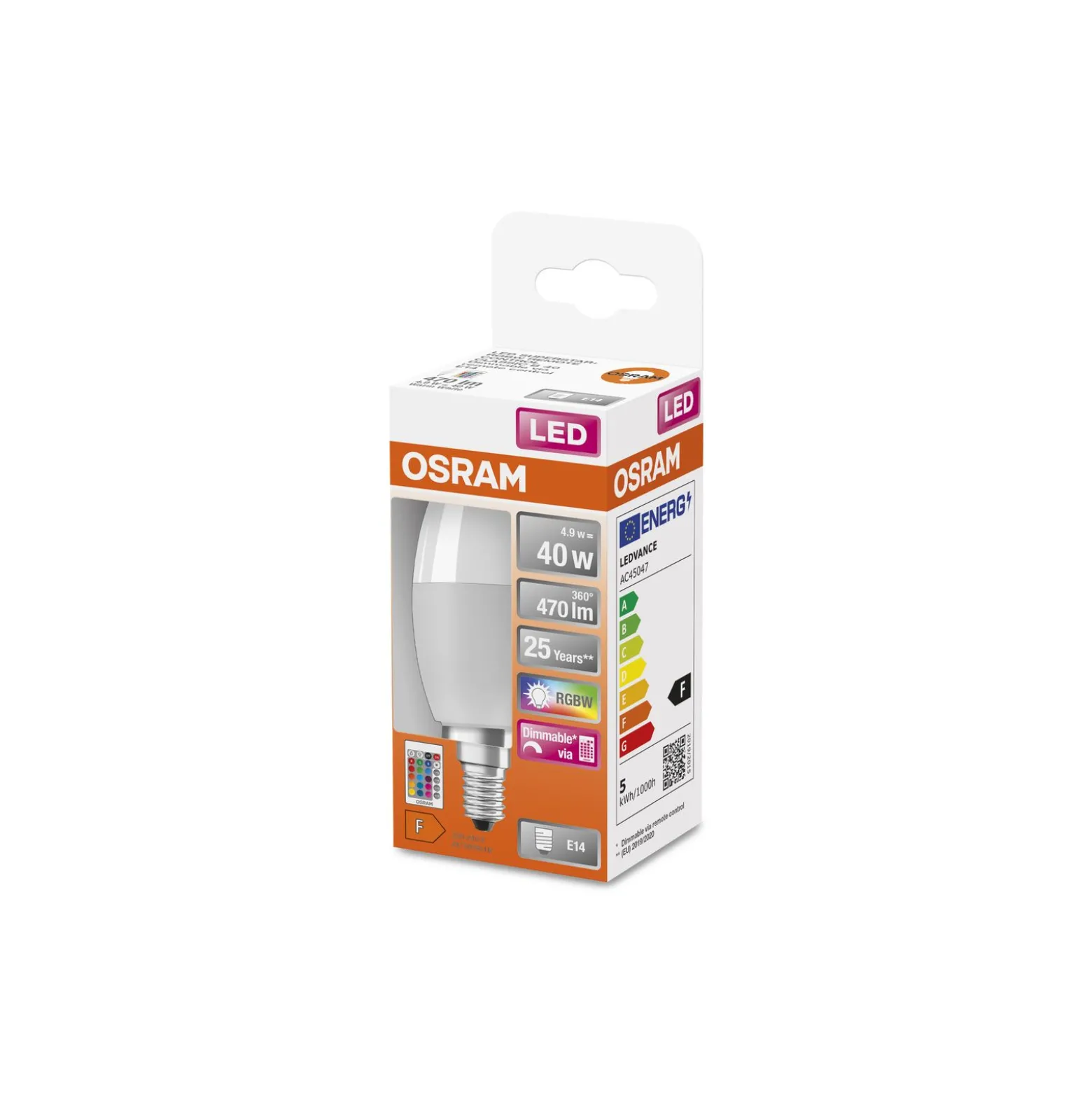 Osram LED E14 Kronljus Matt 6W 470lm - 827 Extra Varm Vit | RGBW - Dimbar - Fjärrkontroll - Ersättare 40W